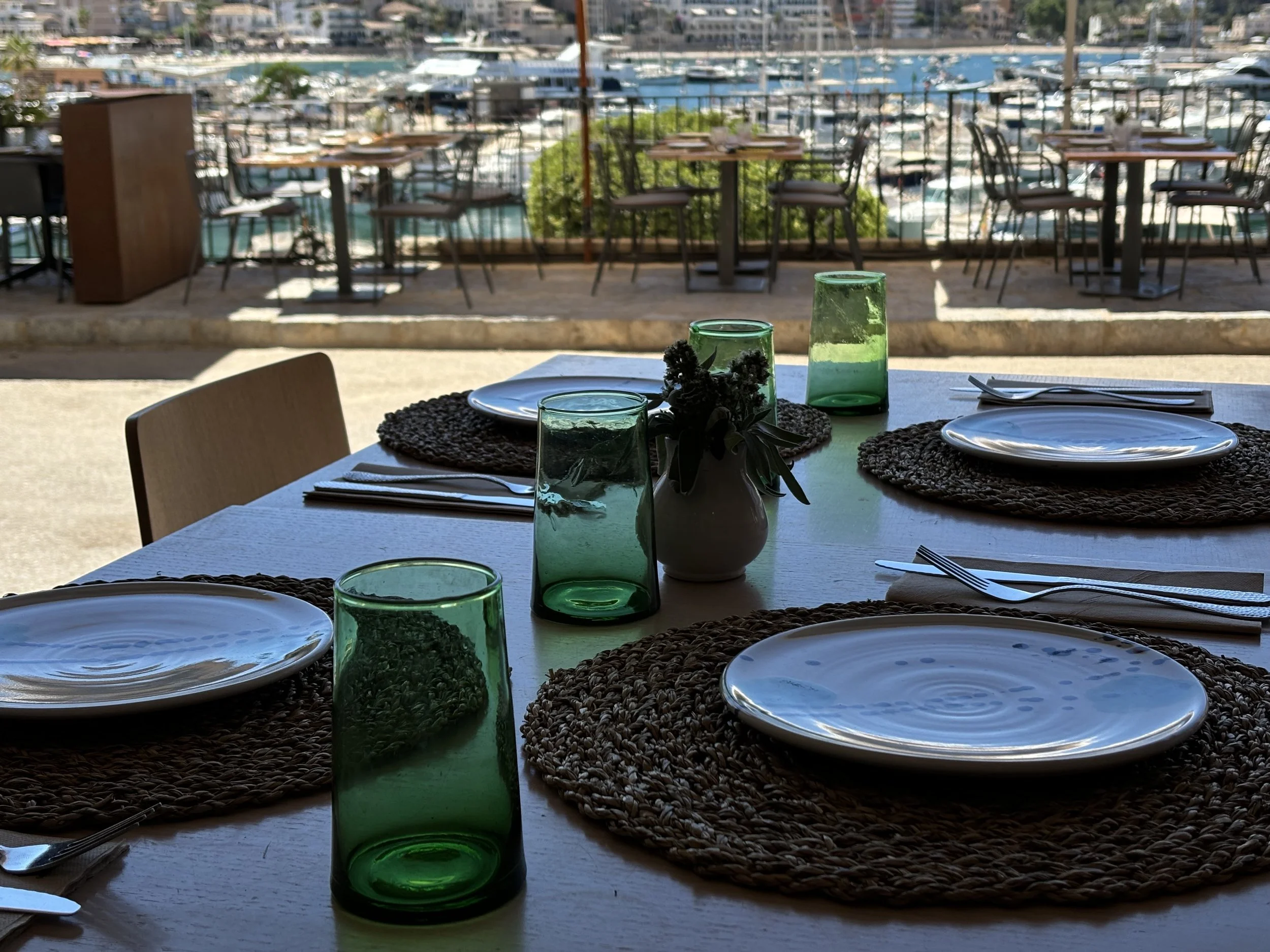 Mesa de comedor en Ca'n Ribes con vistas al exterior del Puerto de Sóller con platos blancos, cubiertos y vasos de color verde, en un espacio con vista al puerto con barcos y a la bonita terraza exterior.