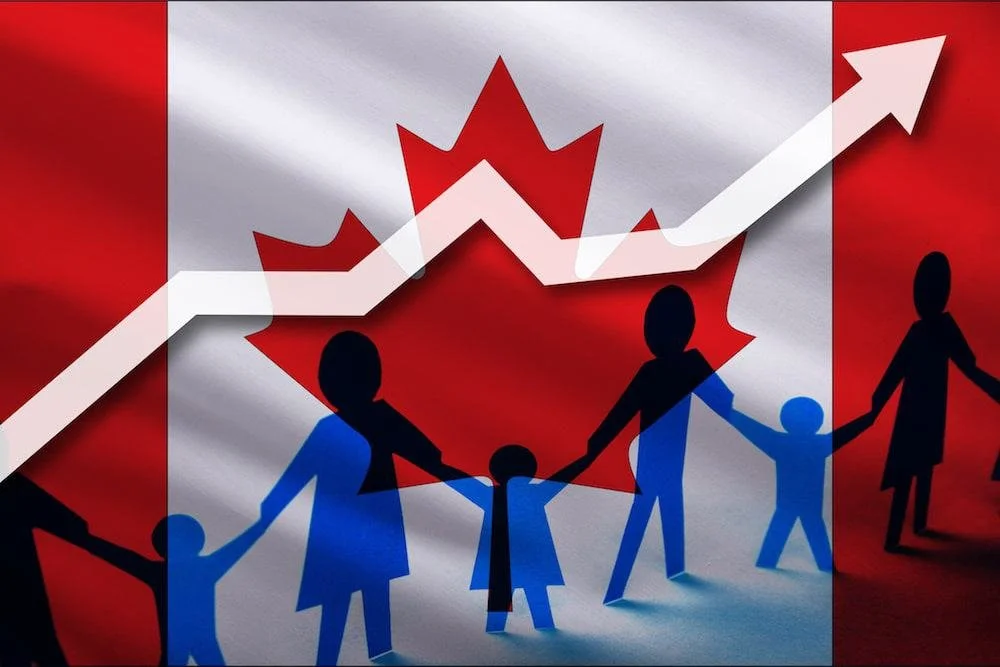A Canadian flag with a family holding hands in front of it, overlaid with a rising arrow and a jagged line, symbolizing growth or improvement.