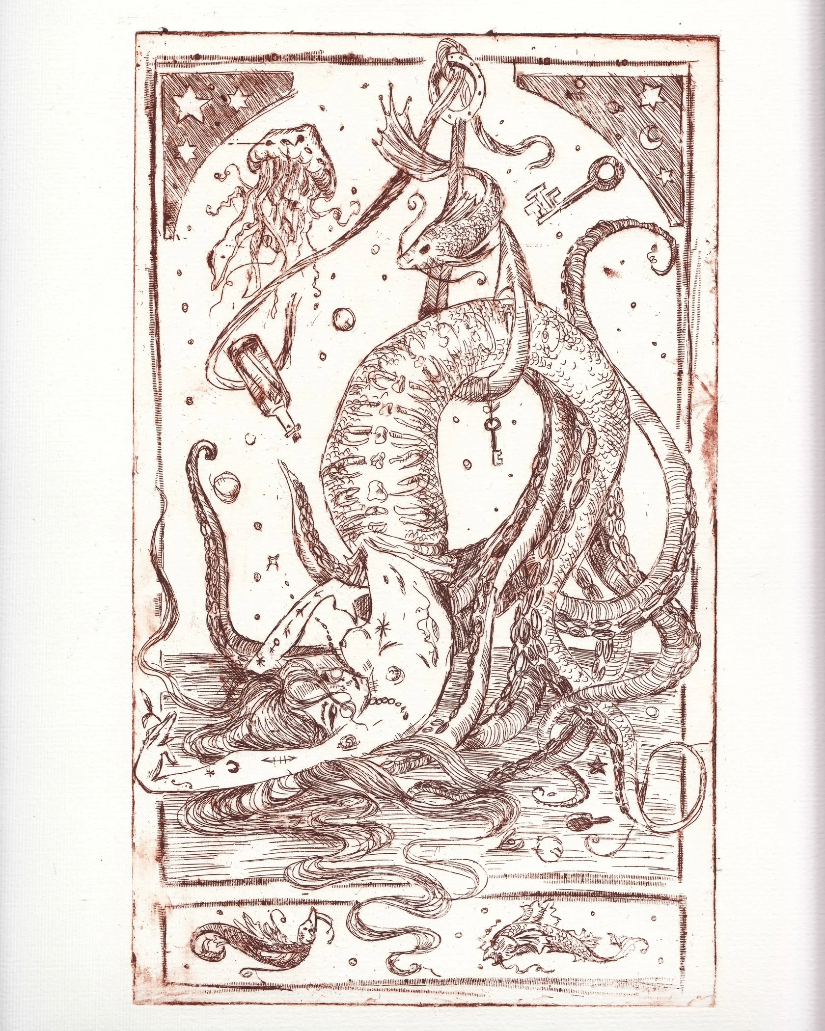 A detailed, vintage-style illustration of a mermaid , holding a sword in its tentacle, surrounded by stars, moons, and small celestial objects, with a decorative border. by Karolina Skorek