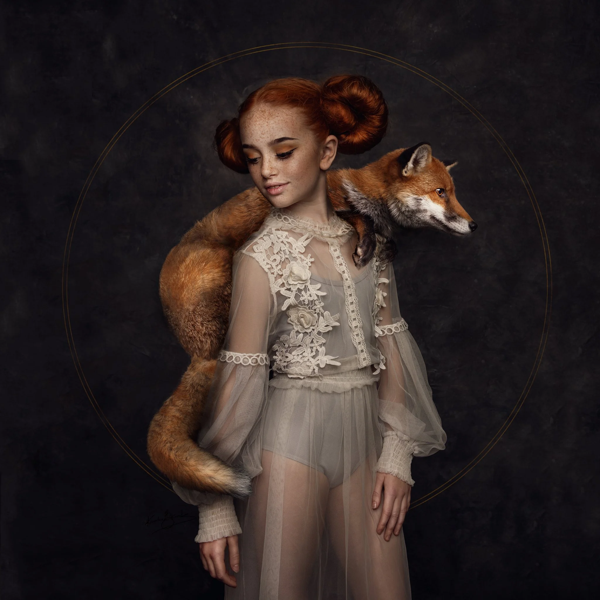 Portrait of a young woman with red hair styled in vintage waves, wearing a sheer cream-colored dress with embroidery, has a fox draped over her shoulder against a dark textured background. made by Karolina Skorek