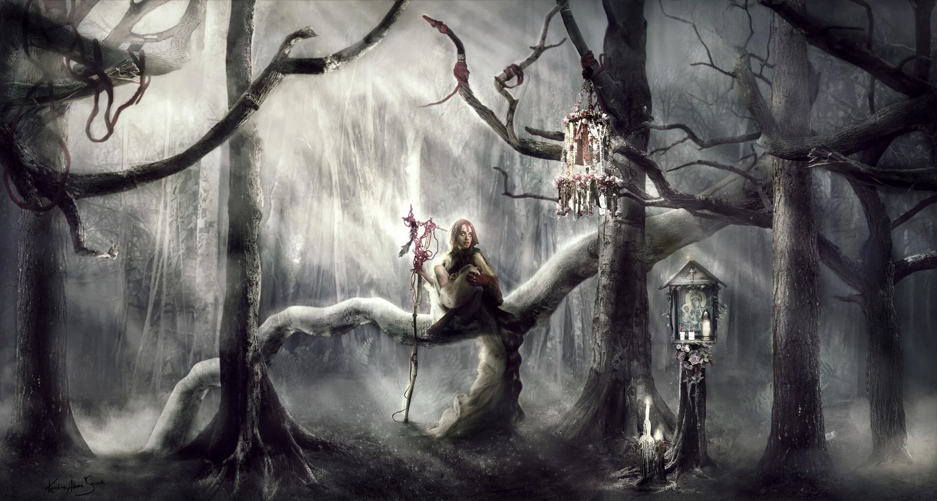 A woman with long hair sitting on a tree branch in a foggy dark forest. She is holding a staff and surrounded by hanging and stationary objects, including a shrine with candles and flowers, and a hanging chandelier-like object. The scene has a mystic