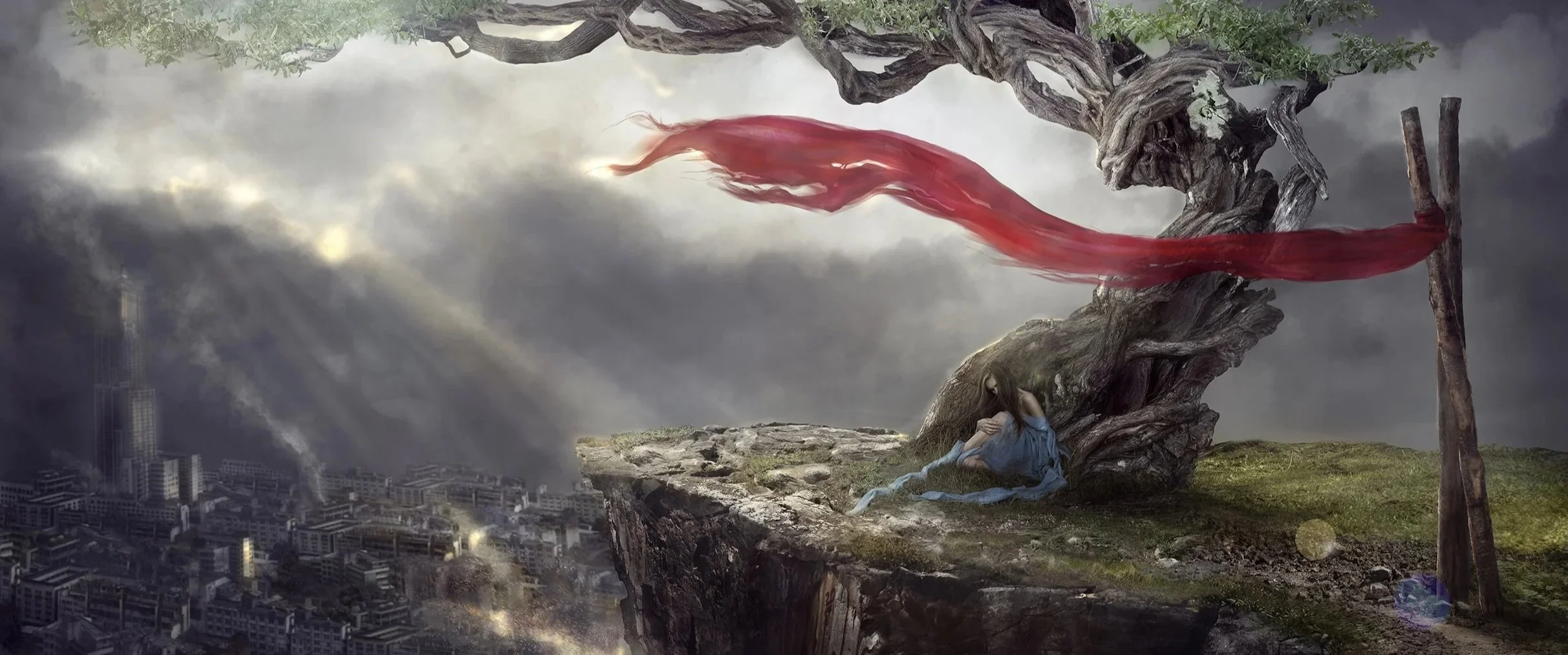 A surreal landscape featuring a large, twisting tree with green leaves and a gnarled trunk, situated on a cliff edge overlooking a city with tall buildings and smoke, under a dark, cloudy sky. A red cloth flows from the tree, and a girl in a blue dre