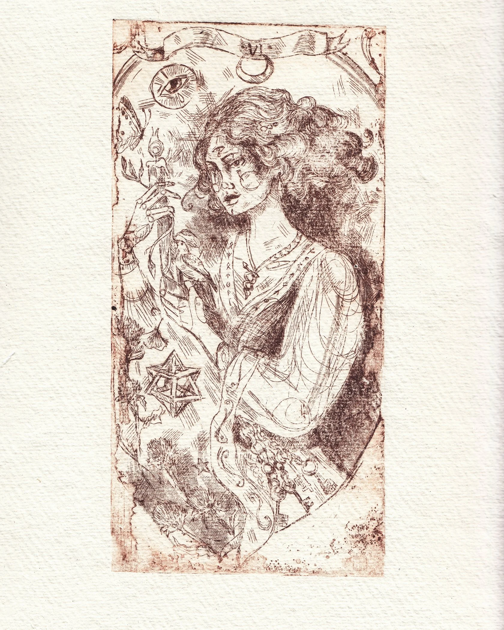 A detailed sketch of a woman with long wavy hair, wearing a dress with intricate patterns, surrounded by celestial and mystical symbols including an eye, crescent moon, and star, with decorative elements and writing around her. by Karolina Skorek