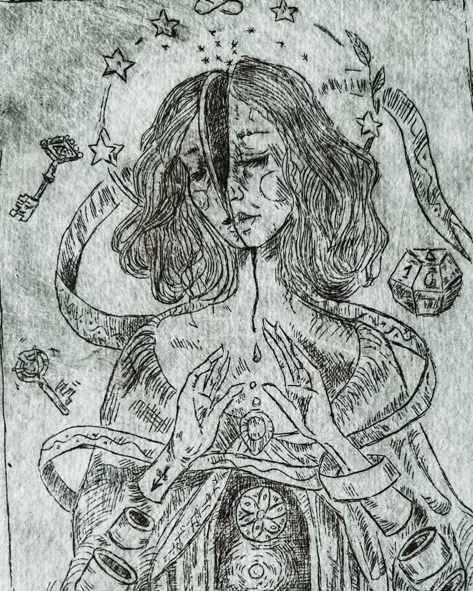 A black and white sketch of a woman with long hair, eyes closed, holding a glowing orb above her chest. Surrounding her are elements like stars, a key, a 20-sided die, a spellbook, and potion bottles, giving a fantasy or mystical theme.