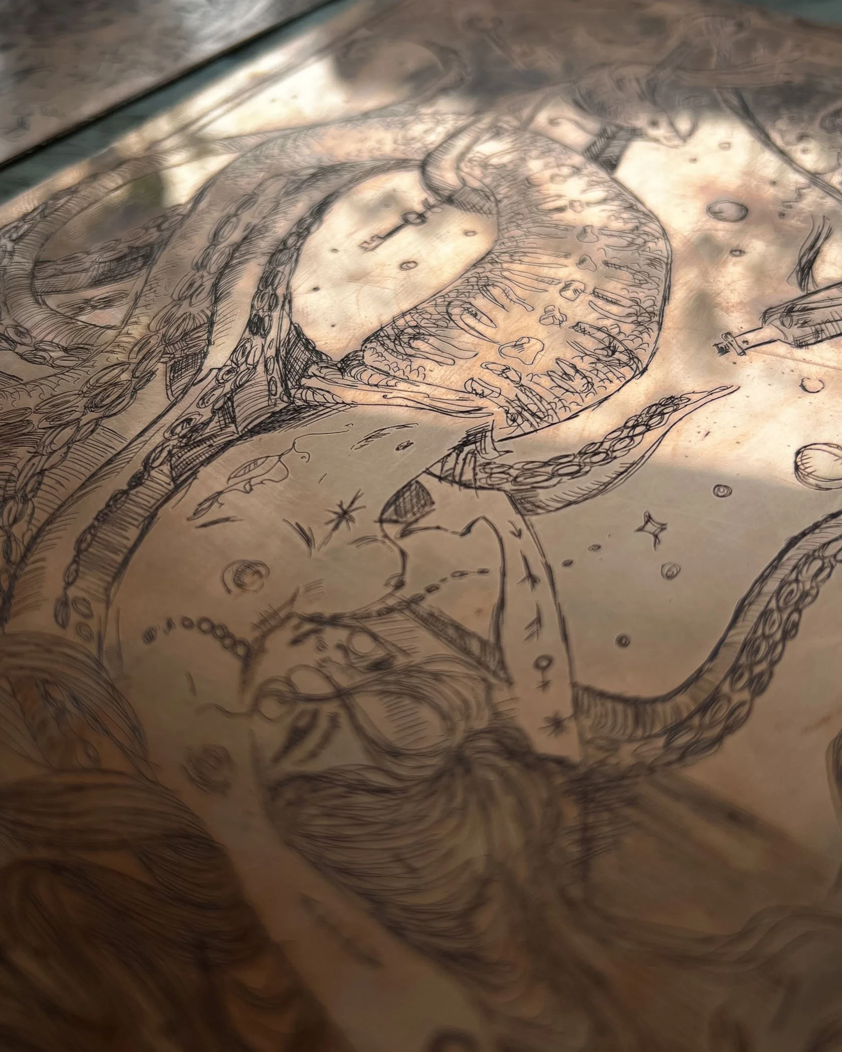 A detailed black ink drawing of a snake wrapped around a figure, on a textured beige surface, possibly parchment or leather, with stars and abstract designs in the background. by Karolina Skorek