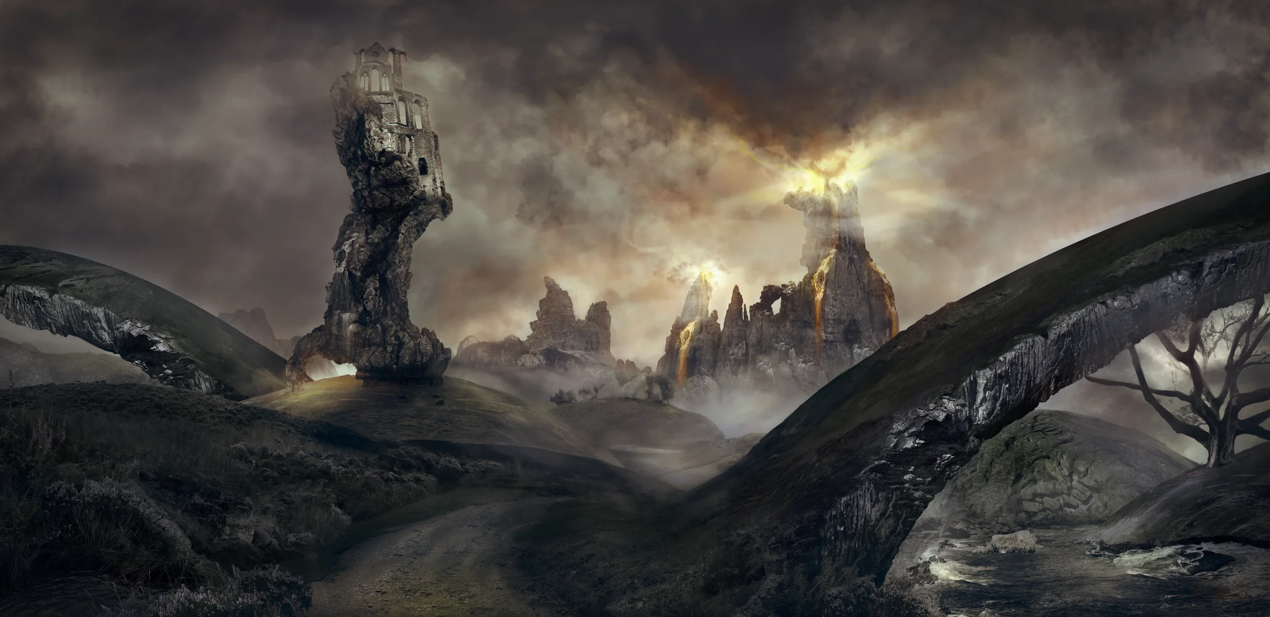 Fantasy landscape with tall rock formations resembling towers, some with structures on top, set in a dark, moody environment with stormy sky, waterfalls, and flowing water, giving an otherworldly atmosphere.
