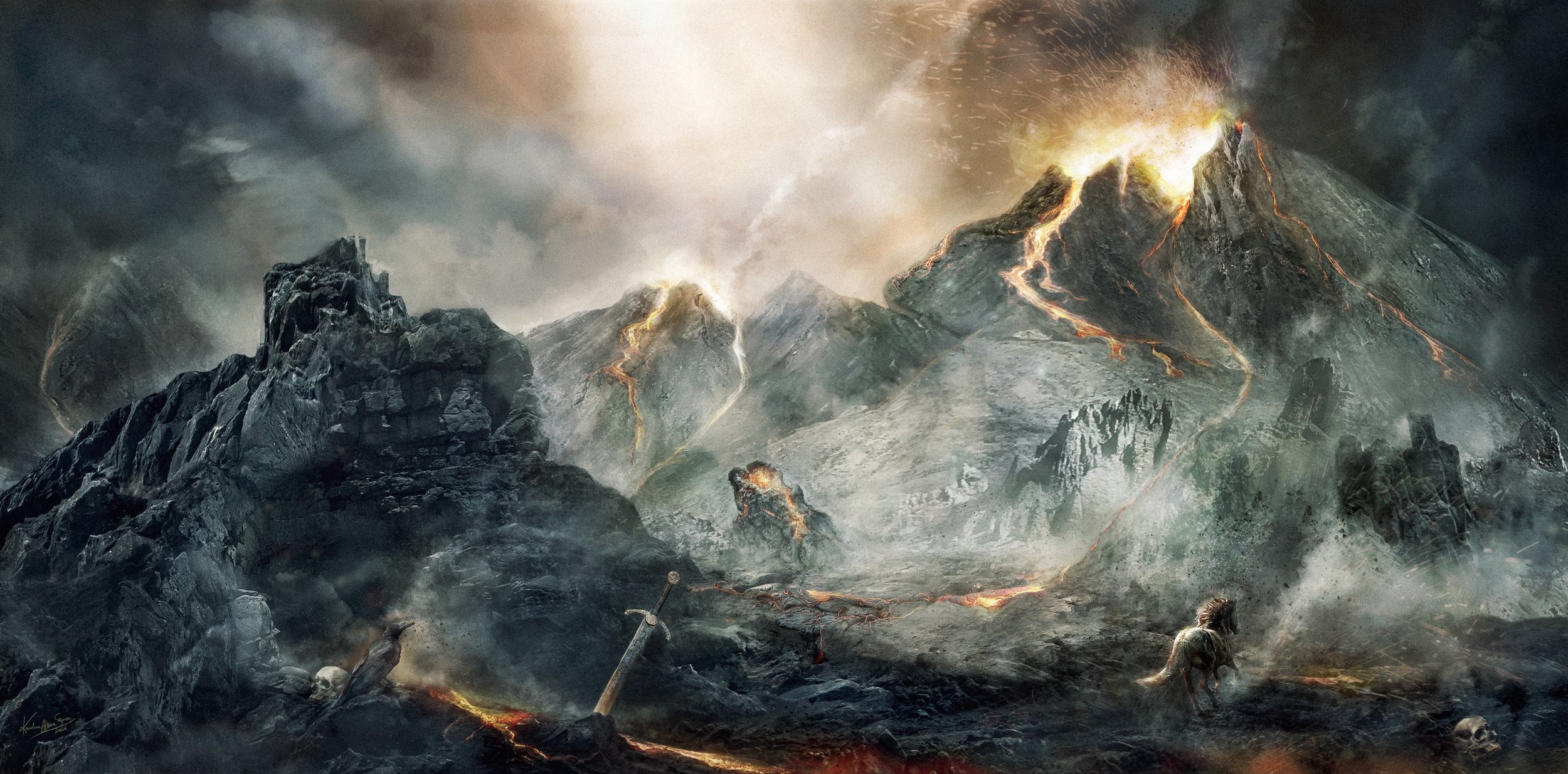 Key Art of A dark, apocalyptic landscape with erupting volcanoes spewing lava, with dark clouds, a skull on the ground, a sword stuck in the ground by Karolina Skorek