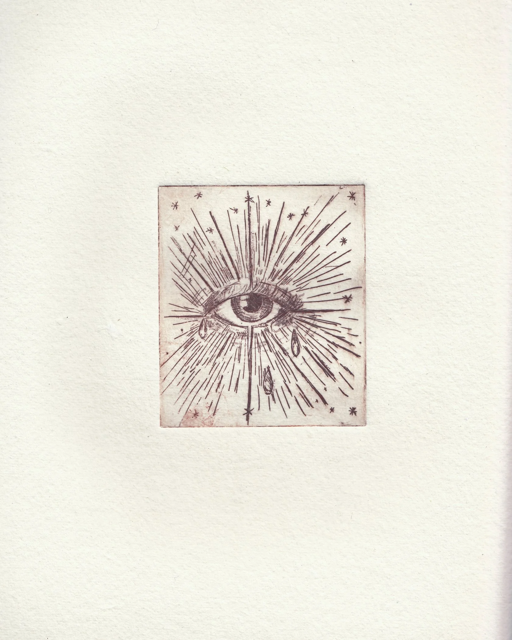 An illustration of an eye with radiating lines and small stars around it. by Karolina Skorek