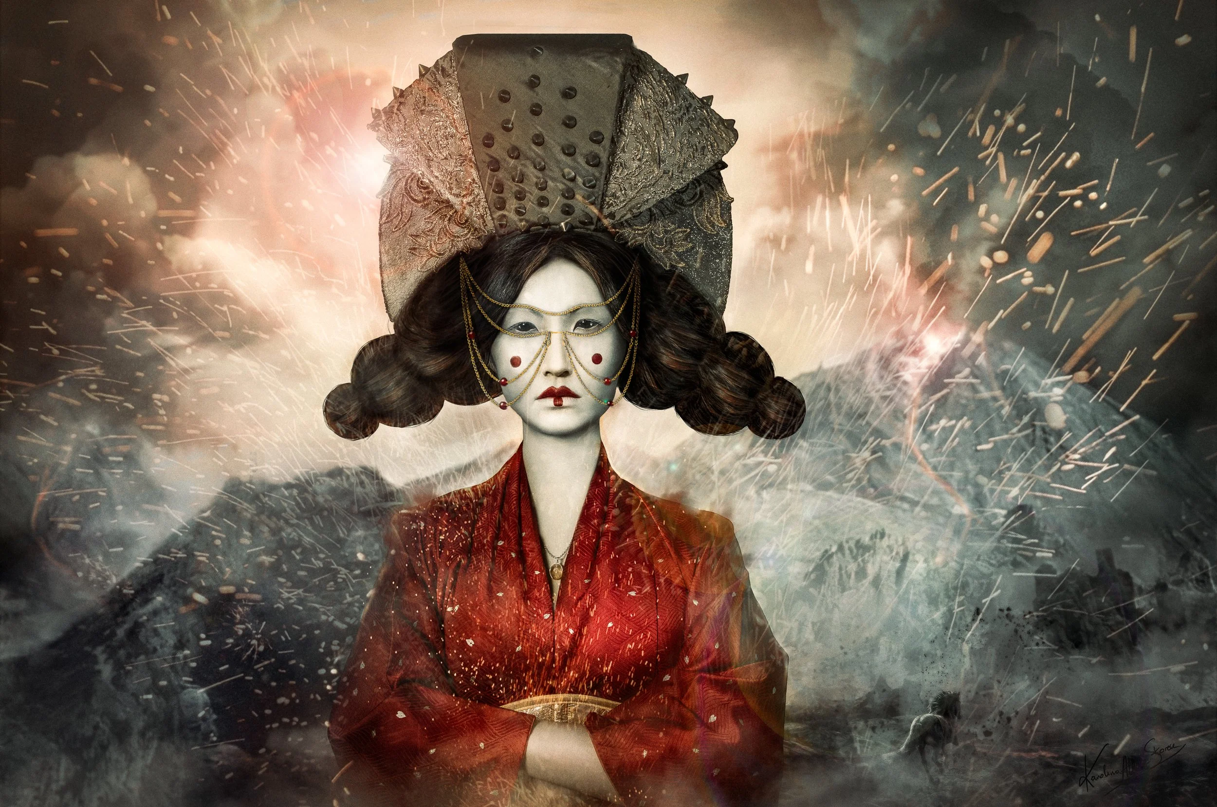 A woman dressed as a traditional geisha with a large decorative headpiece and elaborate makeup, standing with arms crossed, against a dramatic background of mountains, fireworks, and smoke.