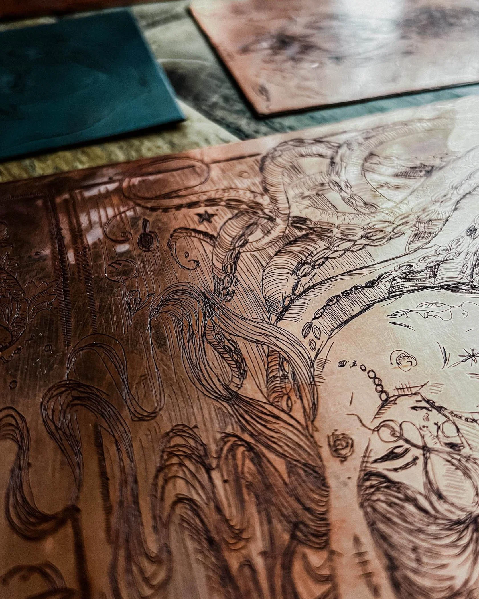 Close-up of detailed line drawing on a banknote, featuring a dragon or mythical creature with intricate patterns and swirling lines. by Karolina Skorek