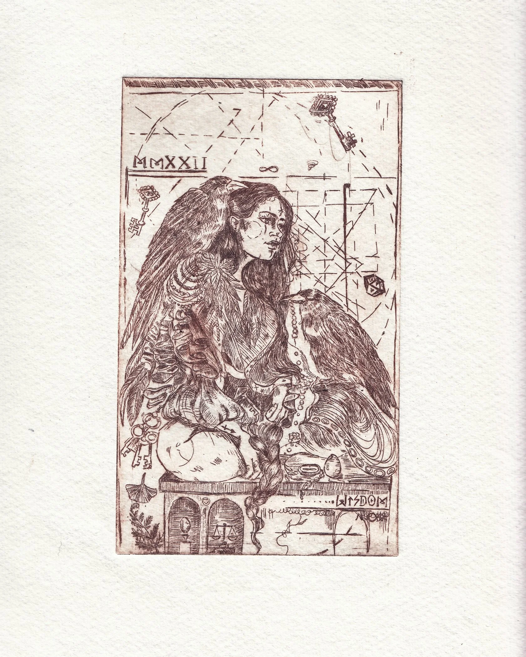 A detailed drawing or print resembling a tarot card featuring a woman with long hair and feathers, sitting with a snake and a cup, surrounded by symbols and geometric patterns. by Karolina Skorek