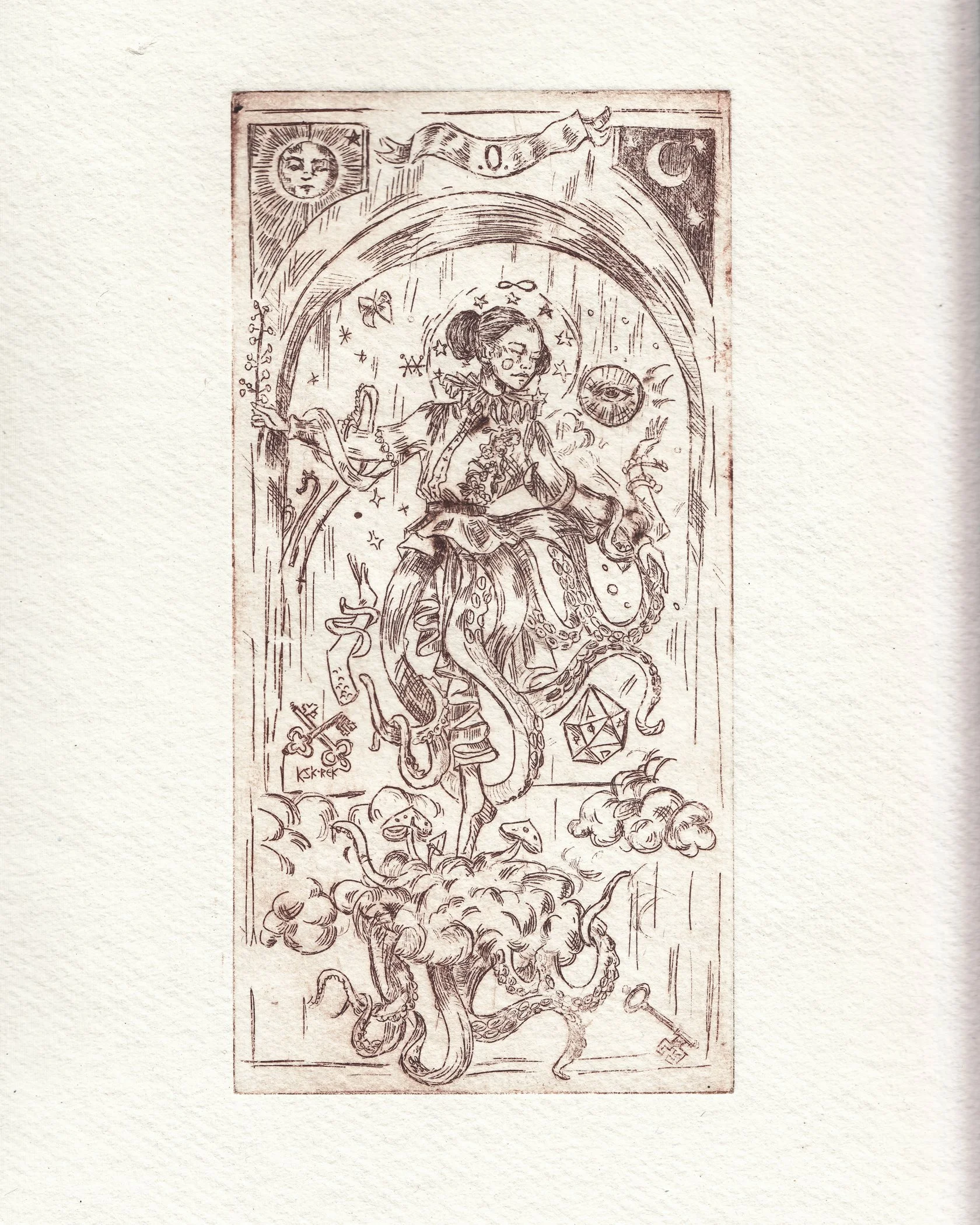 A line drawin illustration of a tarot card, possibly the Moon card,  by Karolina Skorek