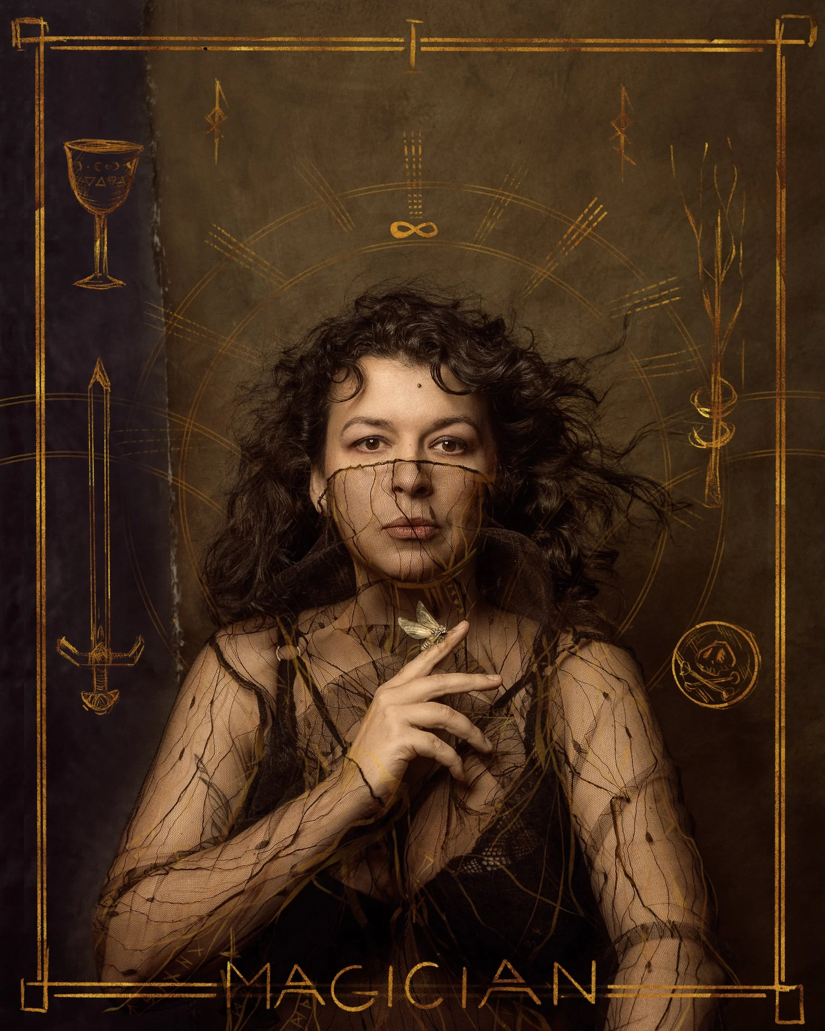A woman with curly hair wearing a black lace dress, holding her fingers near her lips, with overlaying golden mystical symbols and the word 'Magician' at the bottom.