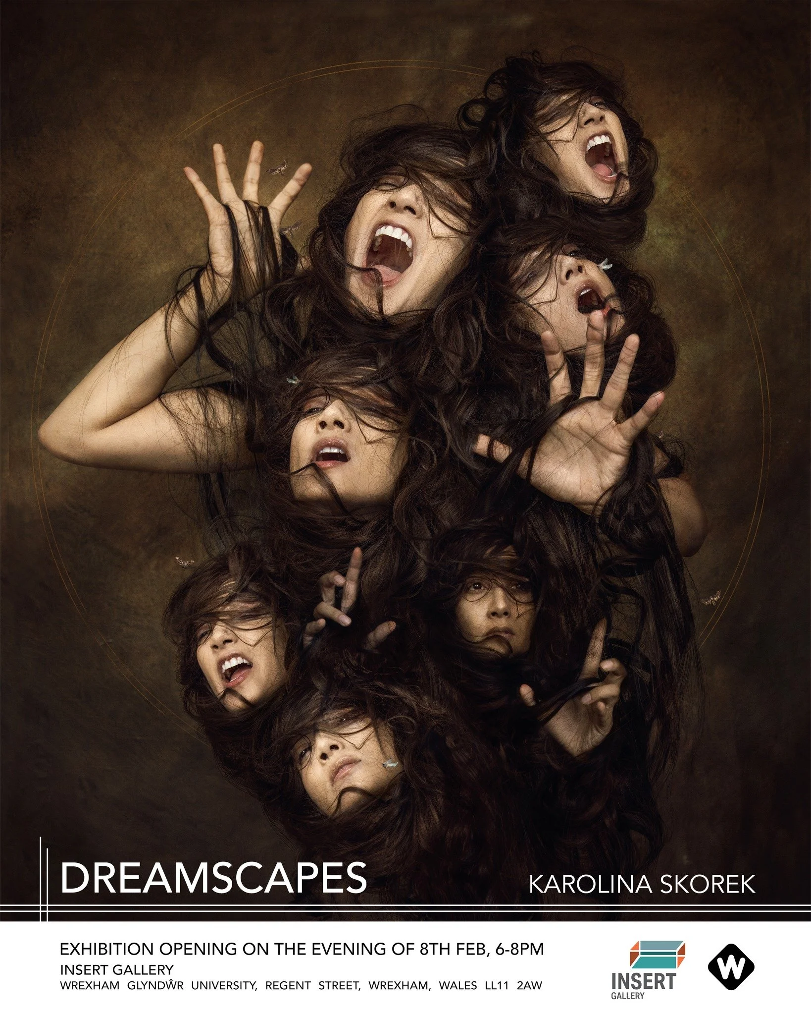 Promotion poster for an art exhibition titled "Dreamscapes" by Karolina Skorek, showing a digital artwork of five women with flowing dark hair expressing emotional intensity, against a dark, textured background. The event is at the Insert Gallery, Wr