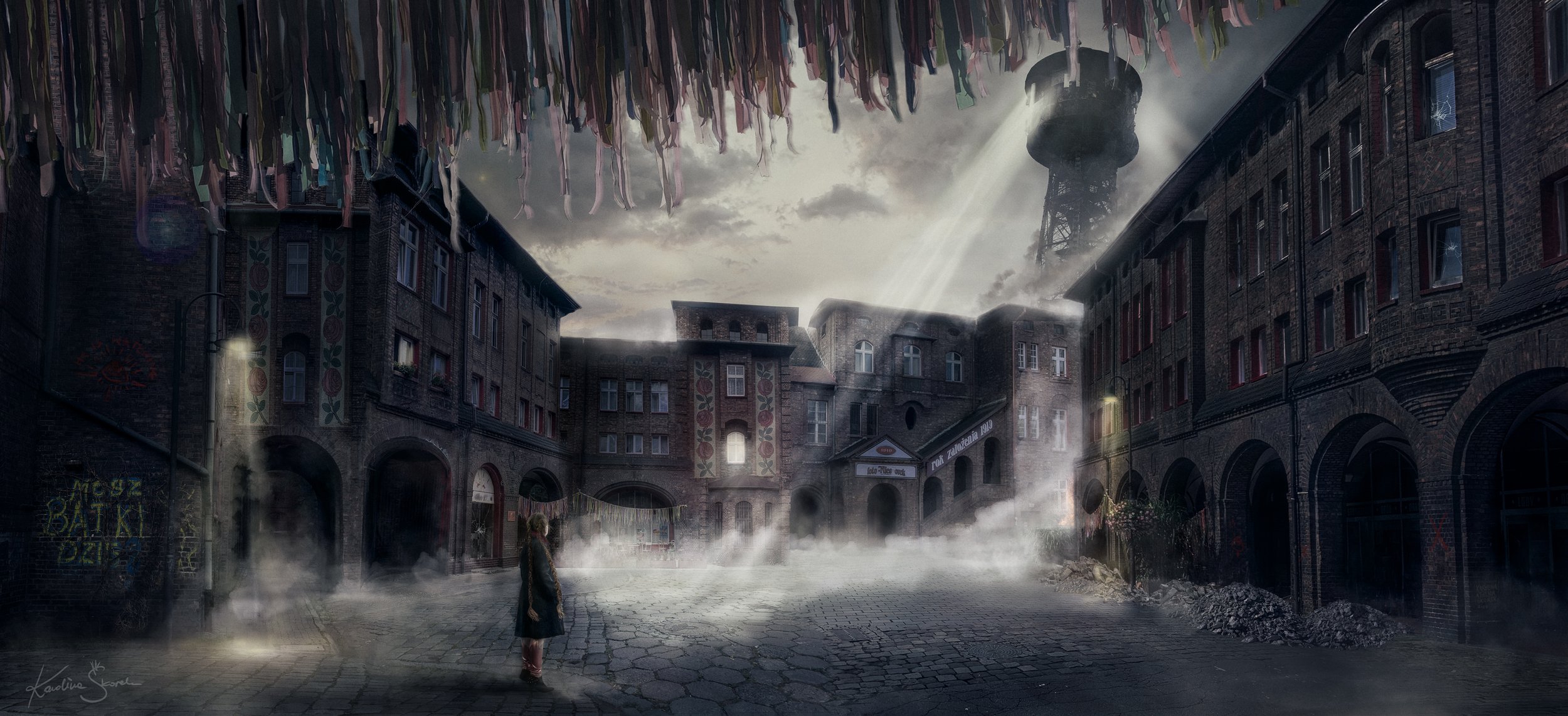 A girl standing on a foggy cobblestone street in a dark, abandoned cityscape with brick buildings, graffiti, and a water tower in the background, illuminated by dramatic beams of light. Concept Artmade by Karolina Skorek