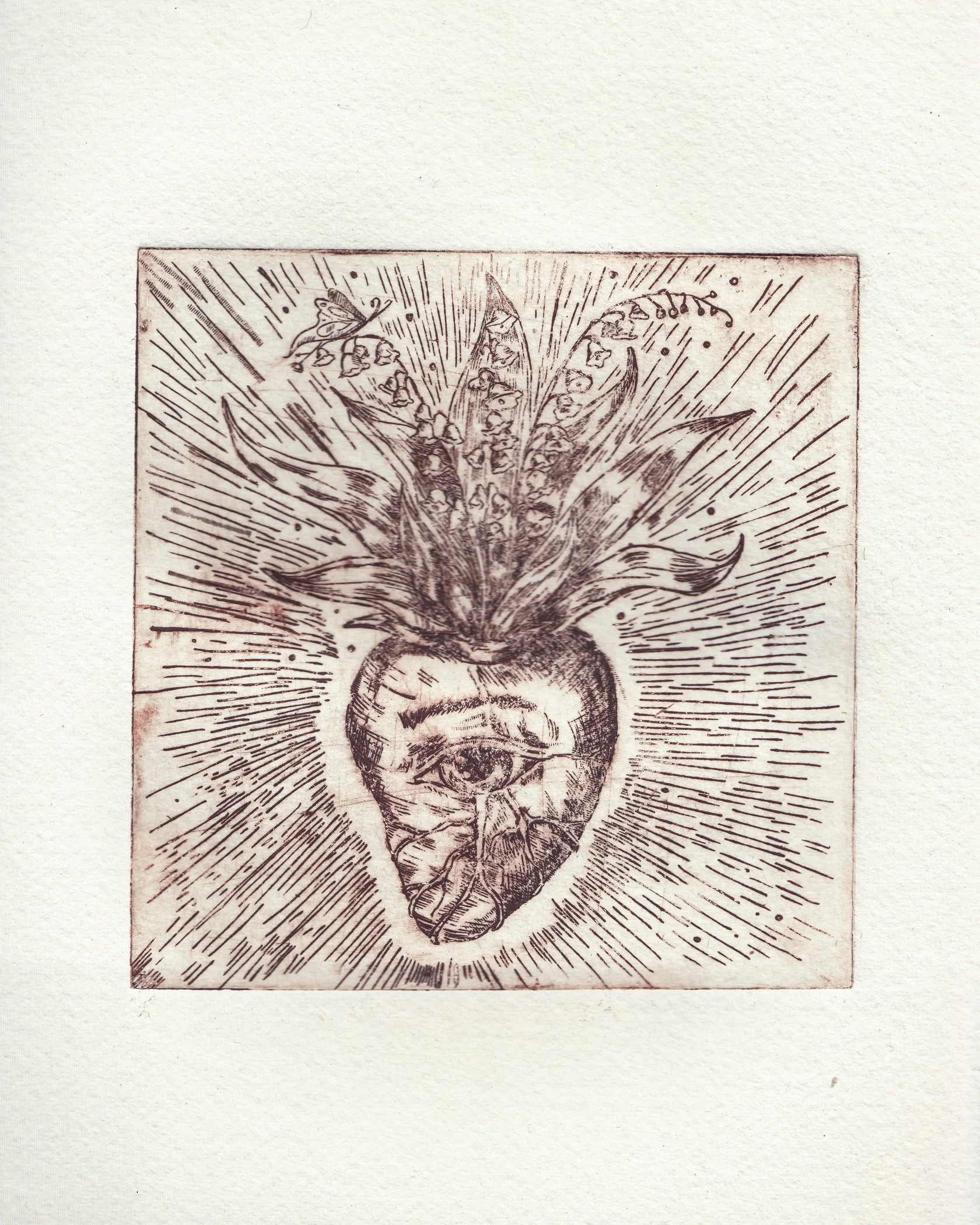 A detailed black-and-white illustration of a human head with an open top, revealing a plant growing inside with flowers and butterflies around it, symbolizing growth and enlightenment. by Karolina Skorek