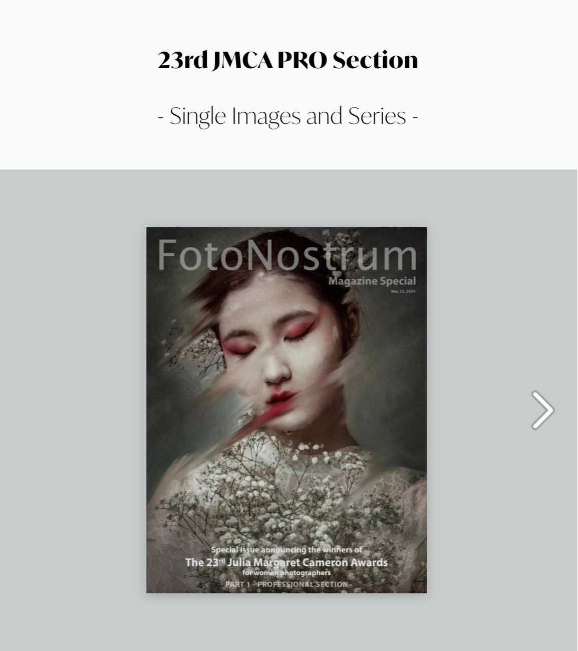 Magazine cover featuring a woman with closed eyes, blurred effect, and floral background, titled 'FotoNostrum' for the Julia Margaret Cameron Awards.