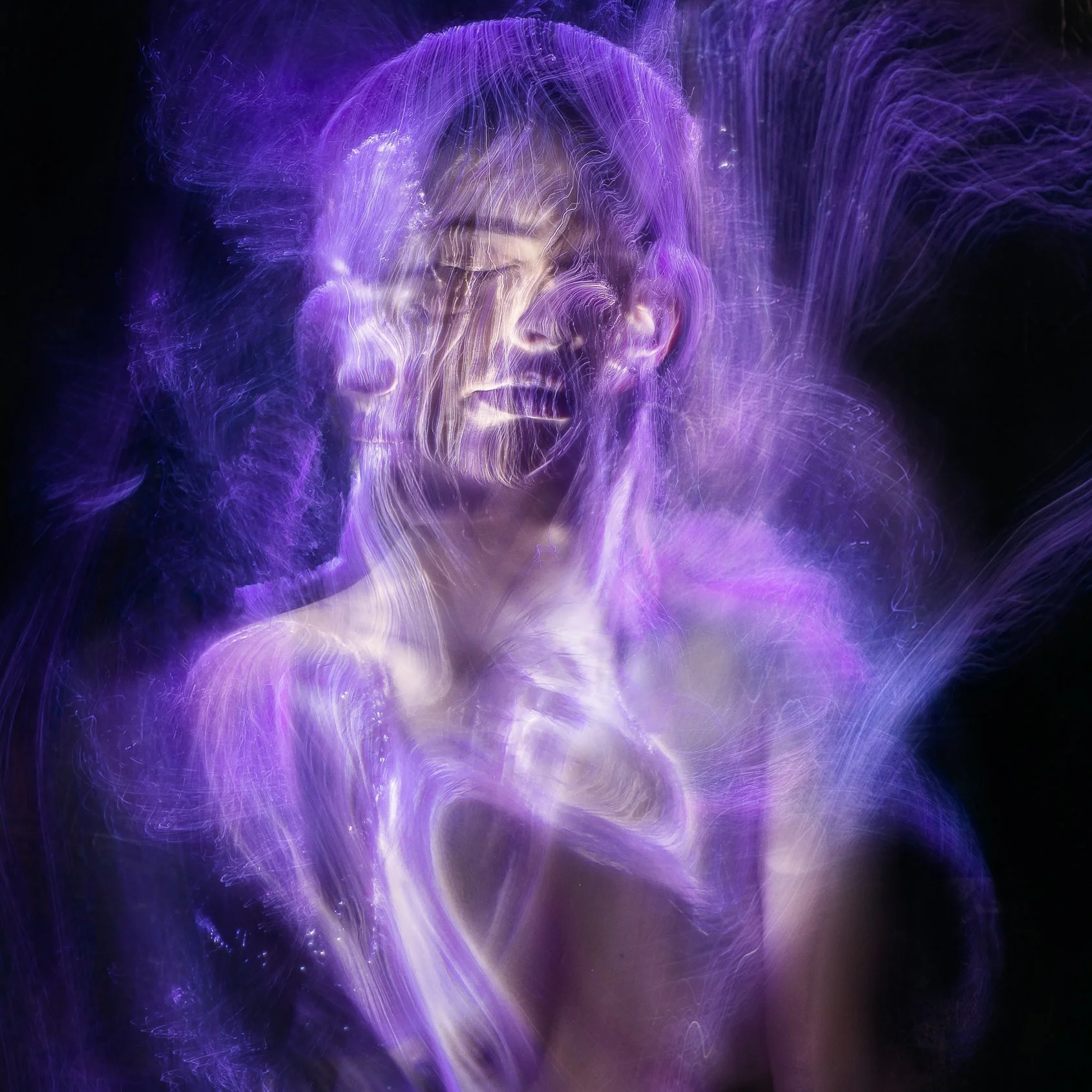 Abstract digital art of a woman with long hair, illuminated with purple and white light streaks, creating a glowing, ethereal effect.