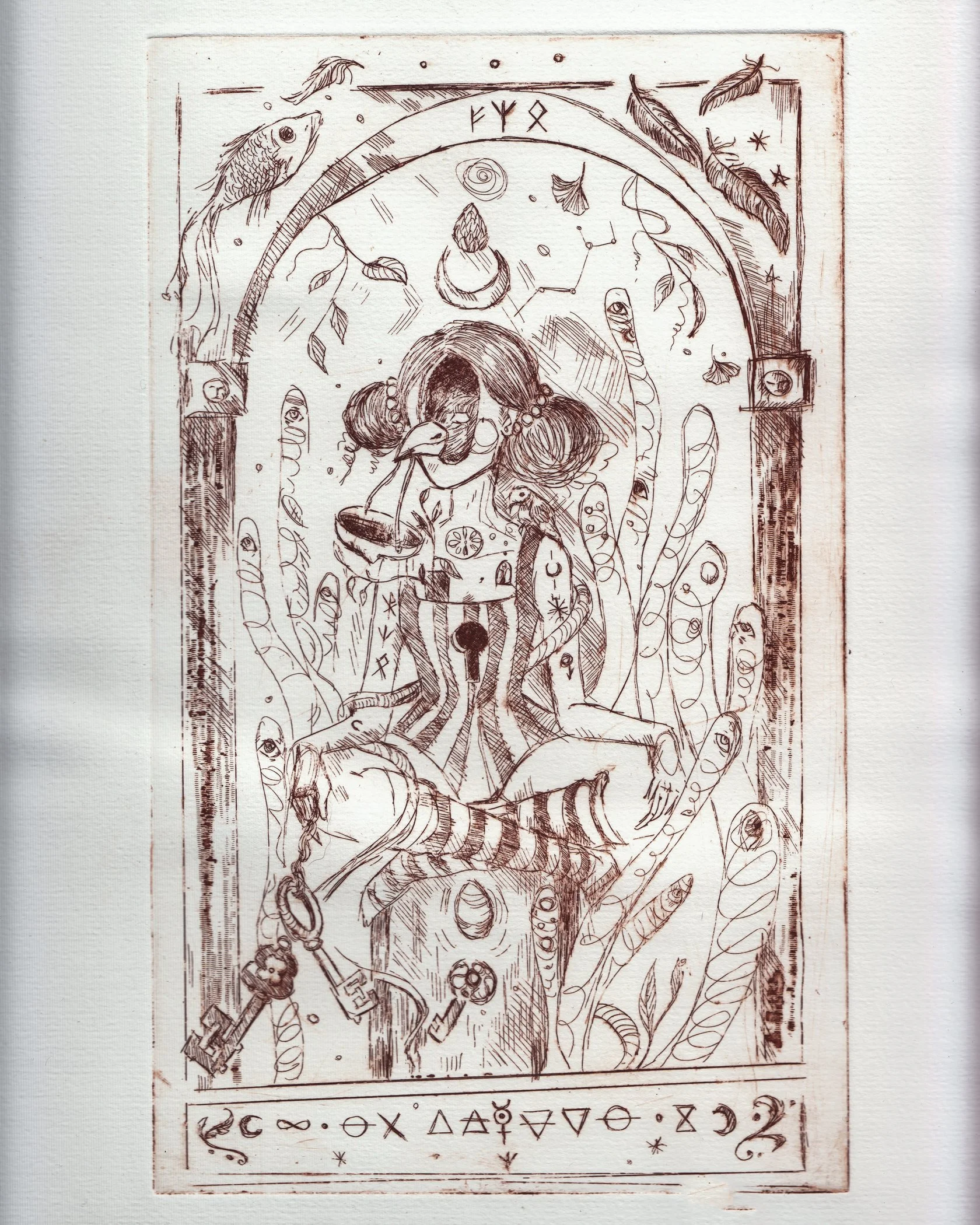 A detailed, mystical drawing featuring a central female figure with pigtails, surrounded by symbols, celestial elements, and various objects such as keys, feathers, and stars, rendered in black ink. by Karolina Skorek