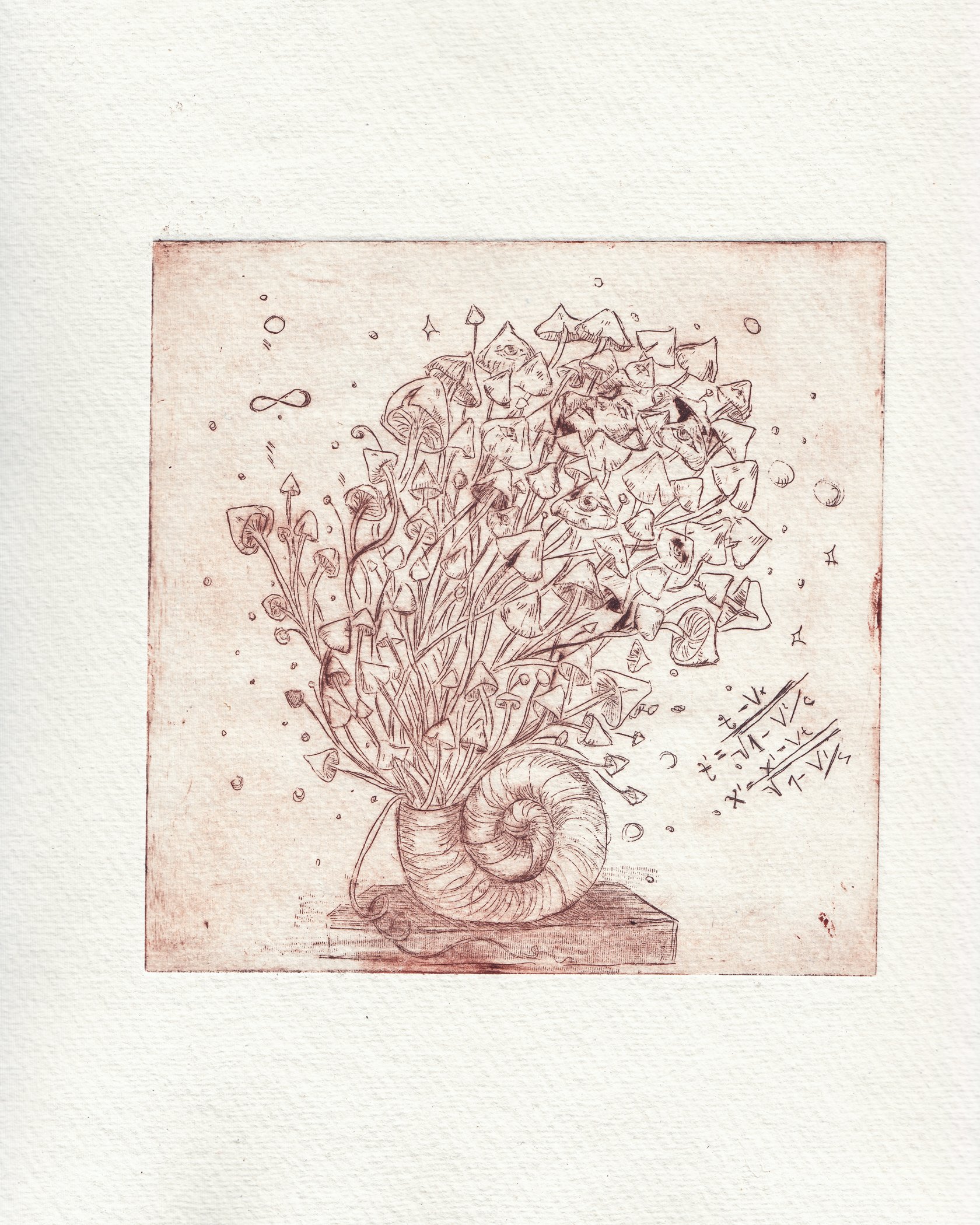 A detailed drawing of a bouquet of flowers in a vase, with a notebook or sheet of paper with matrix and vector calculations in the bottom right corner. by Karolina Skorek