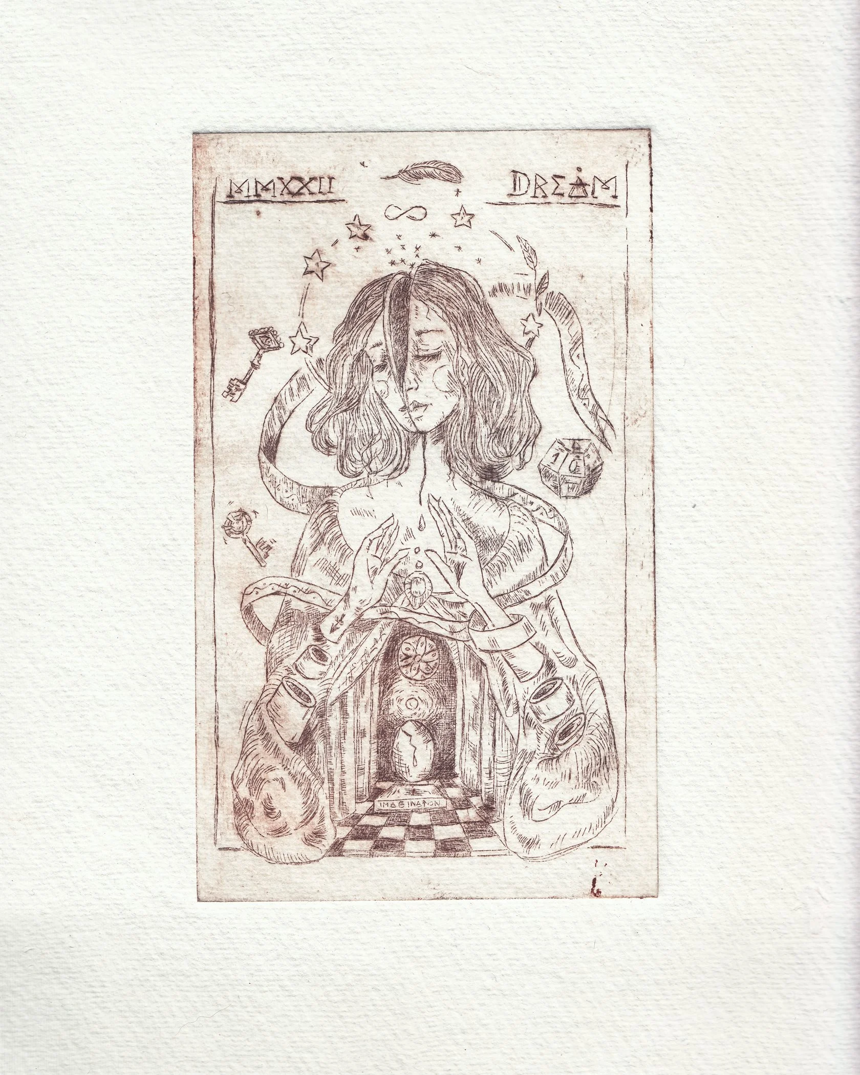 A detailed hand-drawn illustration resembling a tarot card, featuring a woman holding her hands over her heart, with various mystical symbols, stars, a key, a cube, and other elements surrounding her, by Karolina Skorek