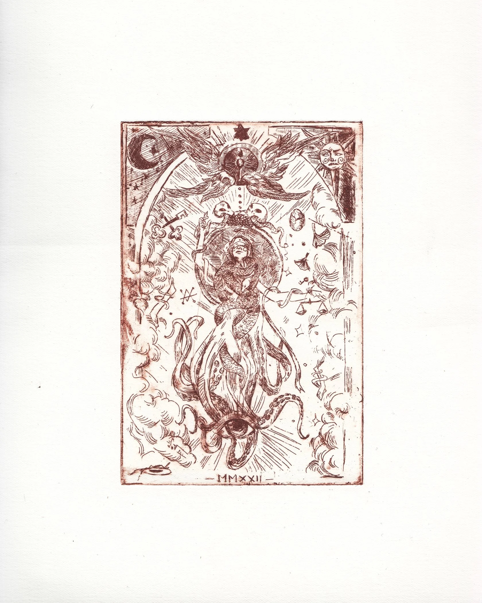 A detailed tarot card illustration featuring a central figure with multiple faces, surrounded by celestial symbols such as a crescent moon, a star, and an eye, with intricate patterns and animals, by Karolina Skorek