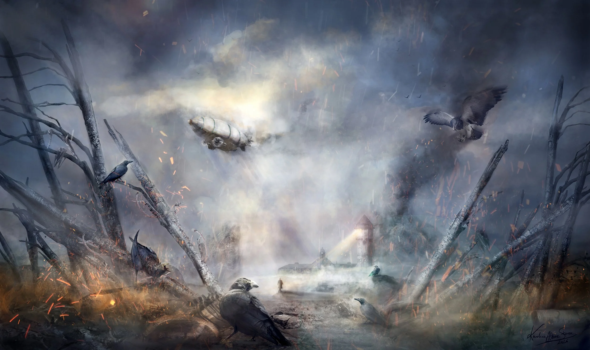 Concept Art of dystopian landscape with a forest, fallen trees, and dark smoke. Flying aircraft and birds, including vultures, are present in a smoky, chaotic sky. A figure stands alone in the distance by Karolina Skorek