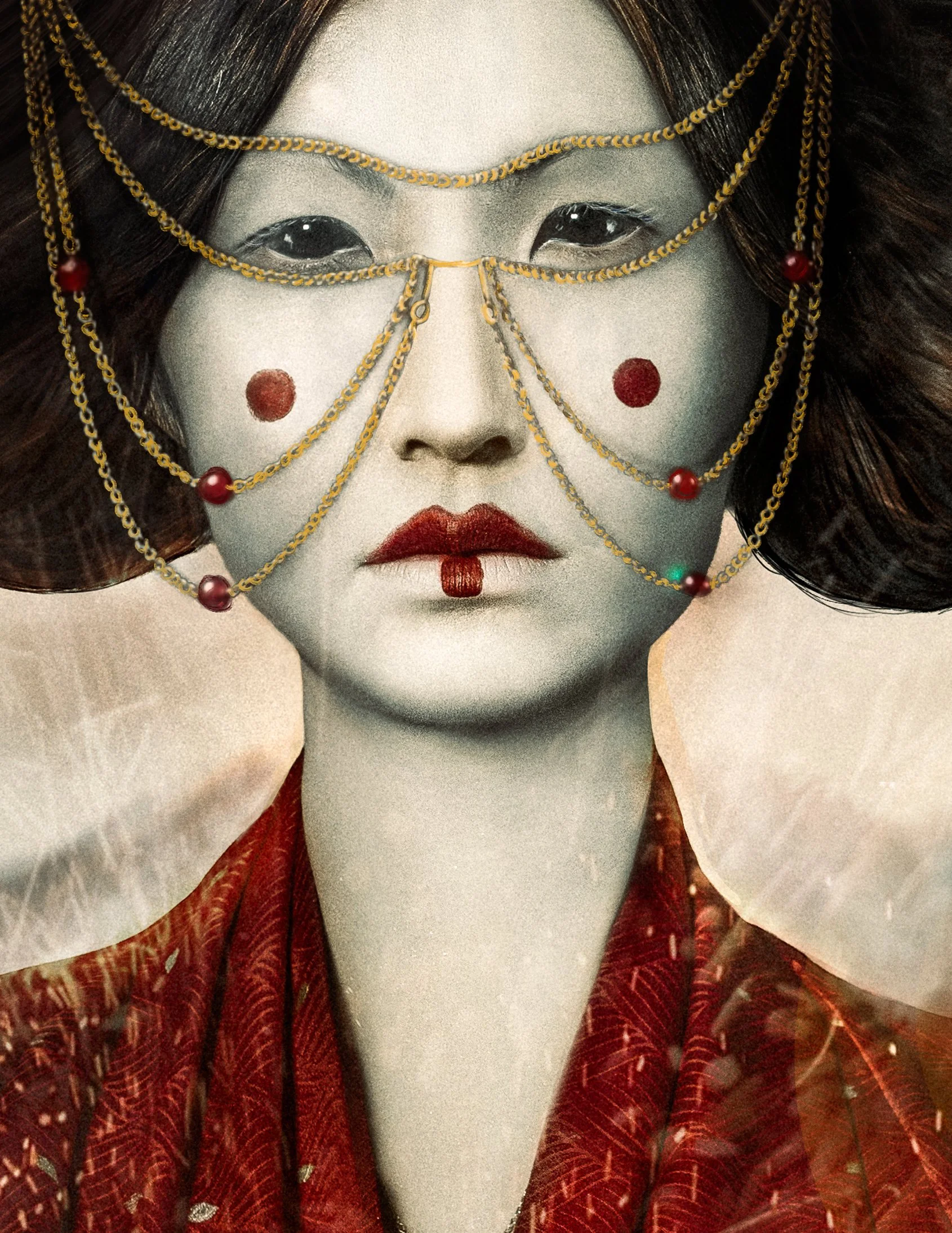 A surreal portrait by Karolina SkorekClose-up of a traditional Japanese Geisha with white face makeup, red lips, and black hair, adorned with gold chains and red beads.