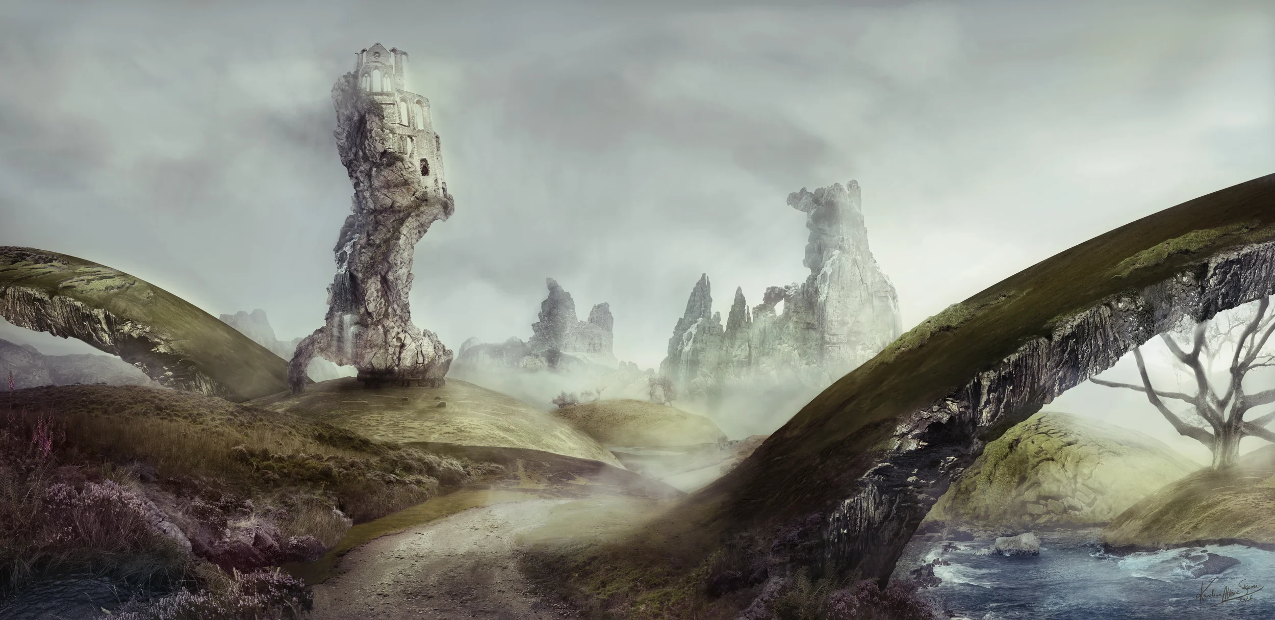 A fantasy landscape featuring floating rock formations, a winding river, a stone bridge, and a mysterious castle-like structure atop a rock column. Fog surrounds the scene with rugged mountains and a bare tree on the right.