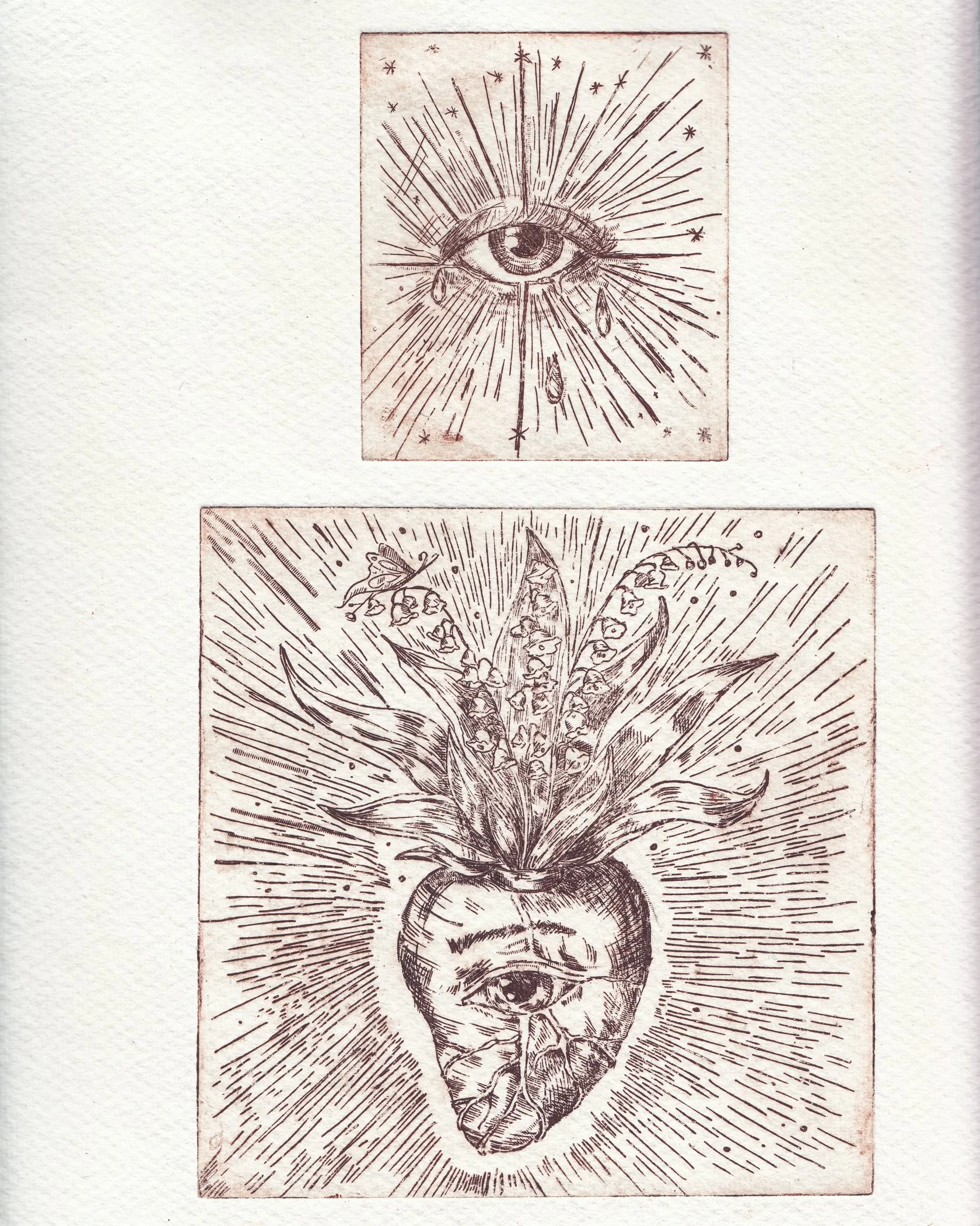 A tattoo-style illustration of an eye with sun rays and stars around it at the top, and a hand holding a plant with multiple flowers and a single eye on it at the bottom.