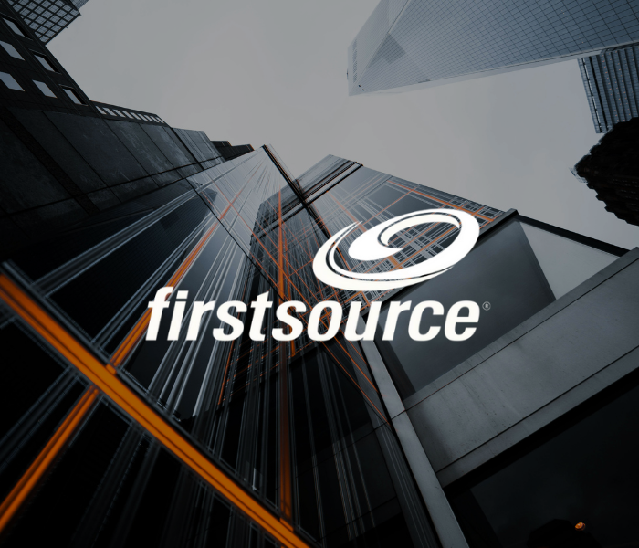 A view of tall skyscrapers from the ground looking up, with the Firstsource logo overlaid in the foreground.