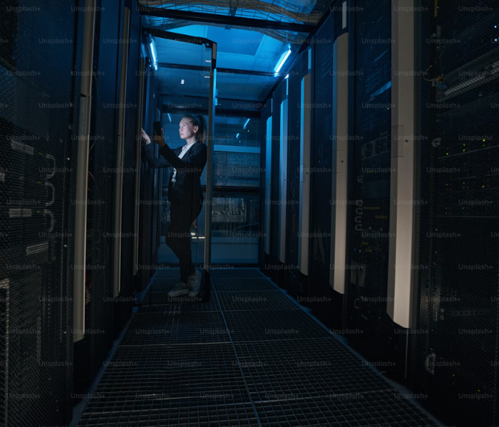 A woman in a black suit working in a data center or server room with server racks and blue lighting.