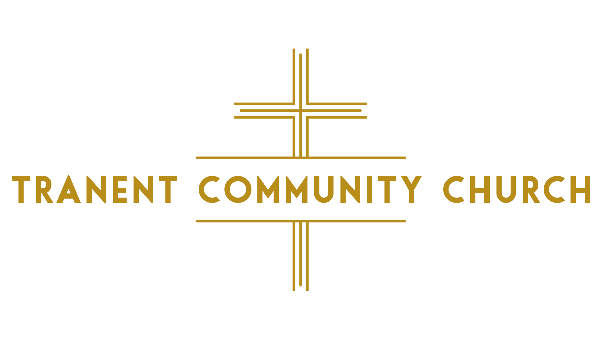 Logo of Tranet Community Church with a gold cross above the text on a black background.