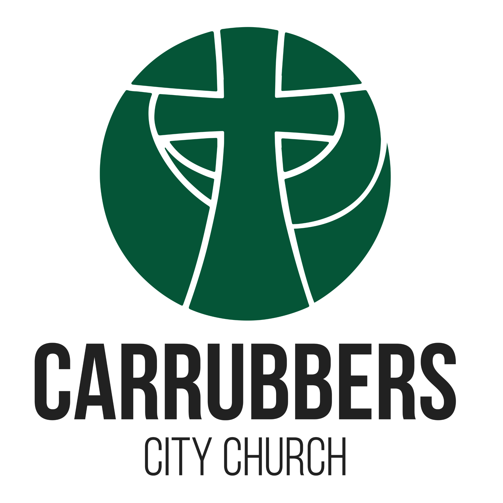 Logo of Carrubbers Christian Centre featuring a stylized green cross and the church's name in black text.