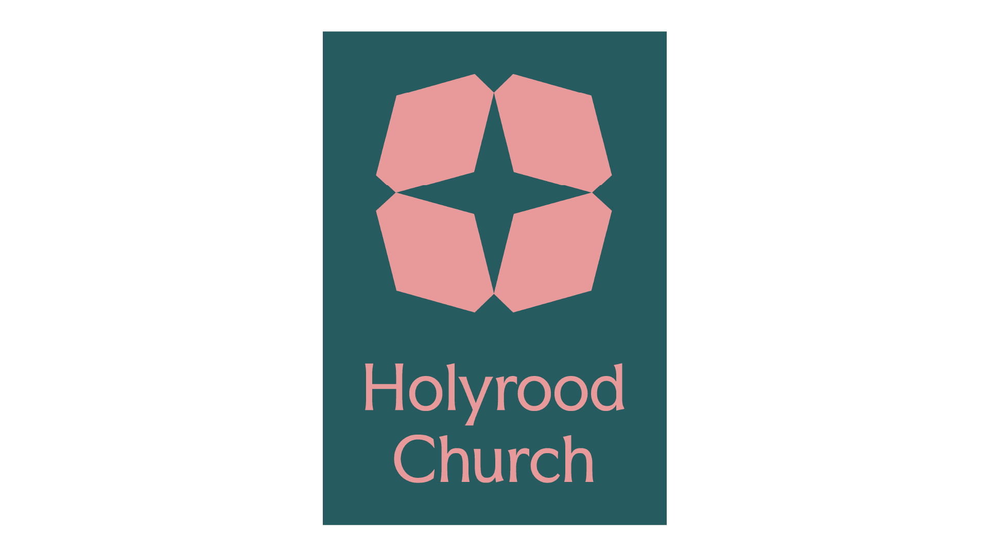 Logo for Holyrood Church with a pink geometric floral design and the church name underneath on a dark blue background.