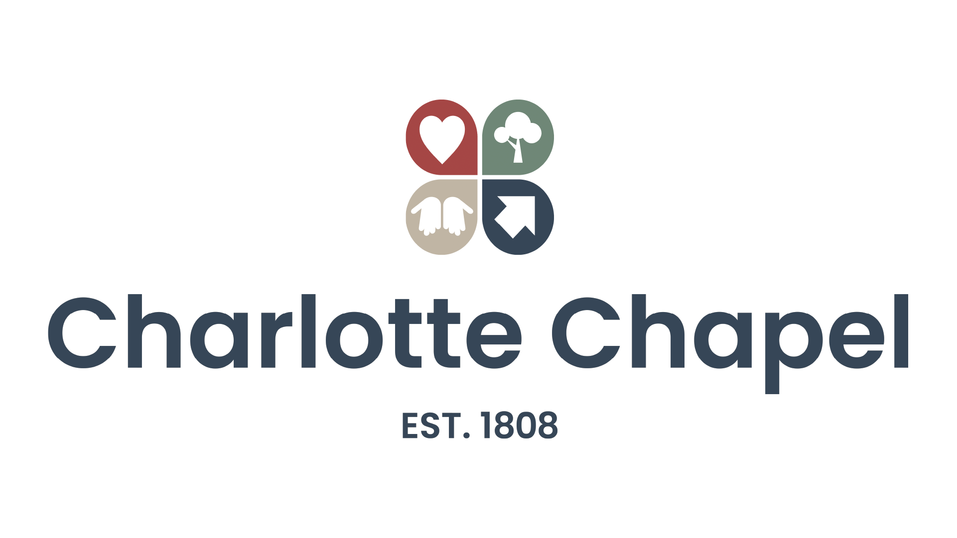 Logo for Charlotte Chapel with four colored icons representing a heart, a tree, two hands, and a cross, and the text "Charlotte Chapel EST. 1808" underneath.