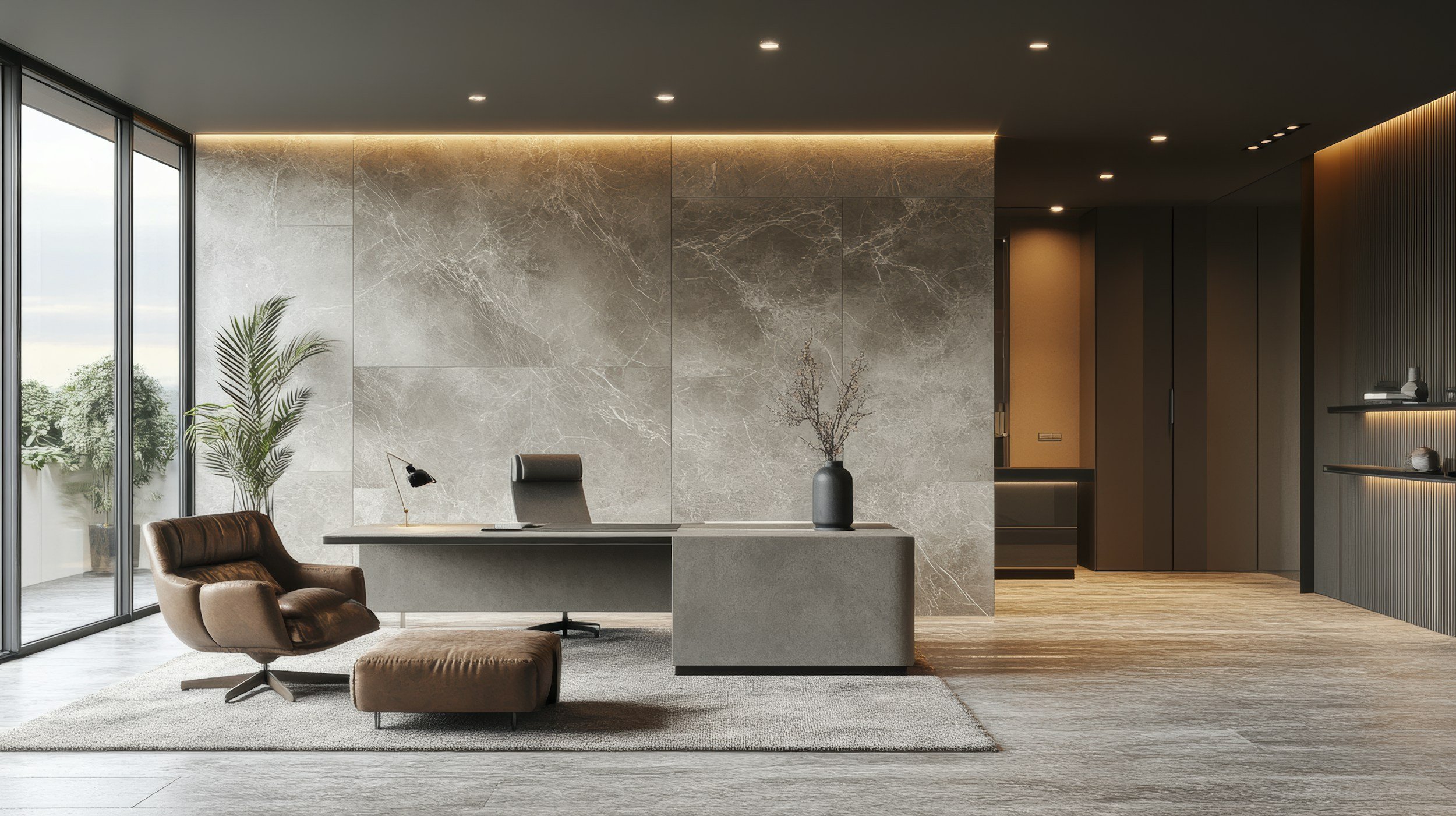 Studio moderno con pareti in marmo grigio, grande finestra con vista, scrivania con sedia, poltrona in pelle, lampada da scrivania, vaso con rami, scaffali con decorazioni, pavimento in legno.