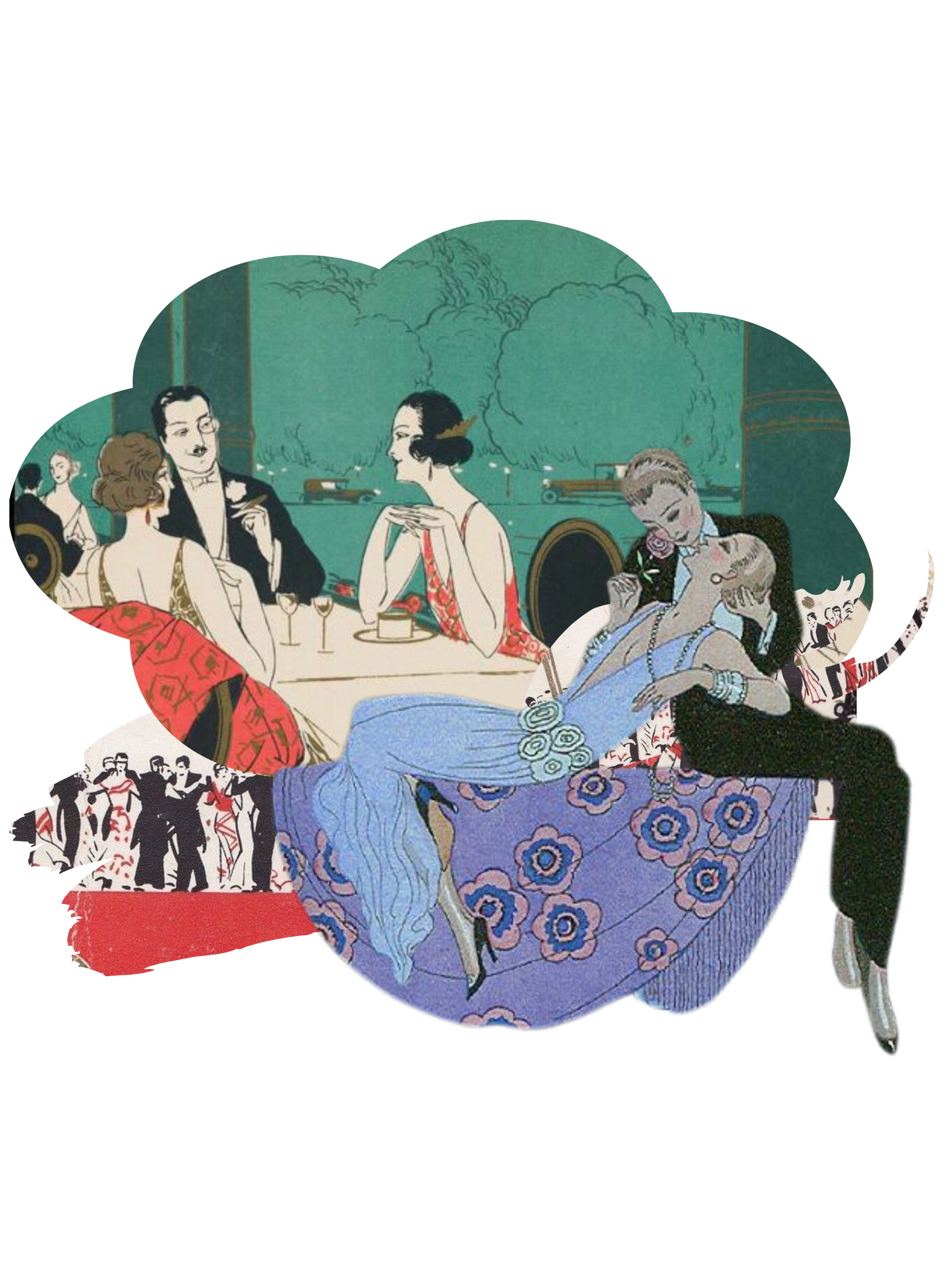An illustration of people at a social gathering, with a woman reclining on a sofa, a man leaning over her, and others in the background enjoying conversations and drinks, with flames and smoke in the scene, wedding inspo, wedding moodboard