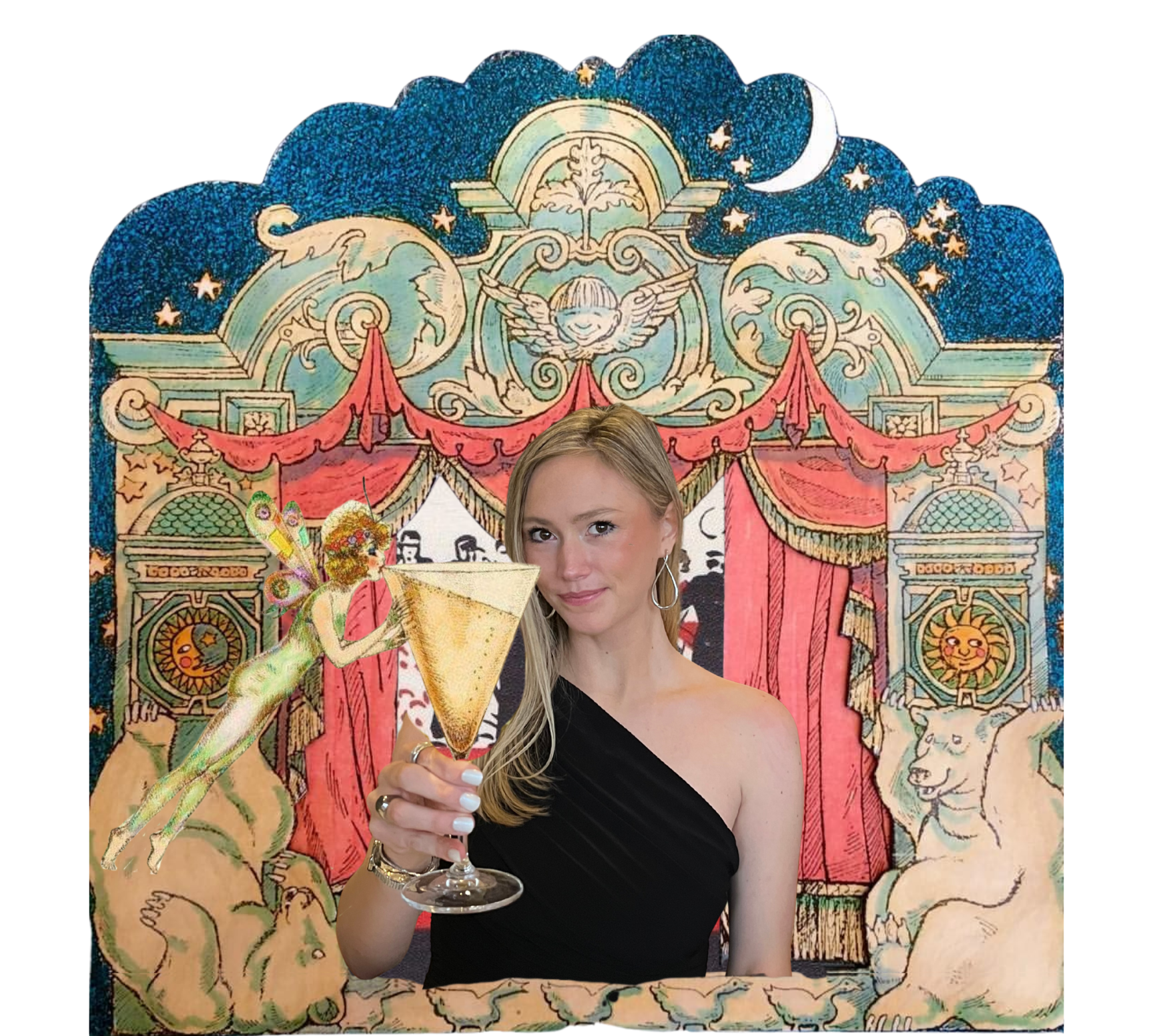 A woman in a black one-shoulder dress holds a cocktail glass in front of a colorful circus or carnival backdrop with lions, a bear, and a fairy with wings and a wand.
