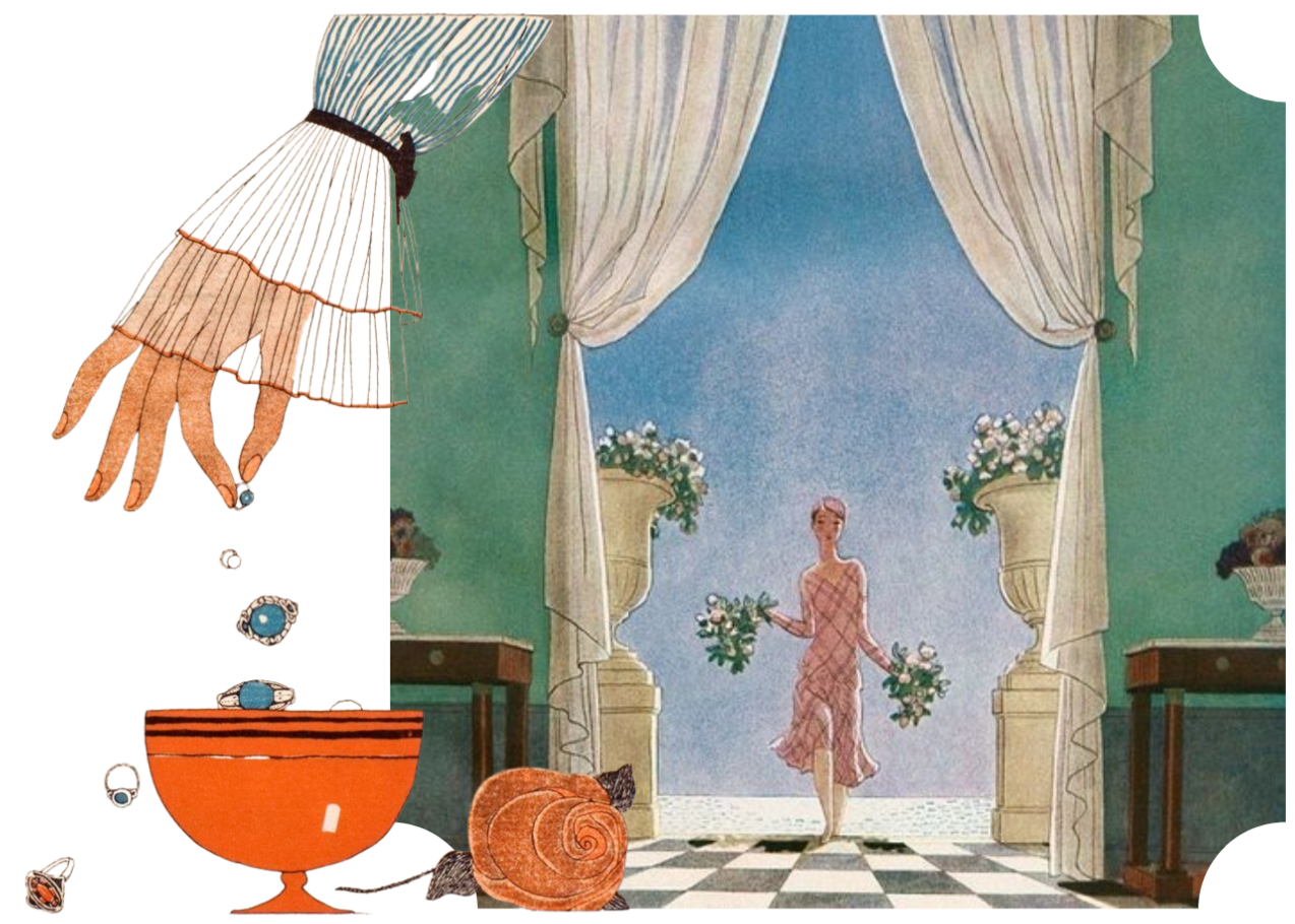 A person holding a bouquet of flowers in an elegant room with large curtains and potted plants, looking towards a doorway with a checkered floor and a woman in a pink dress walking through it.