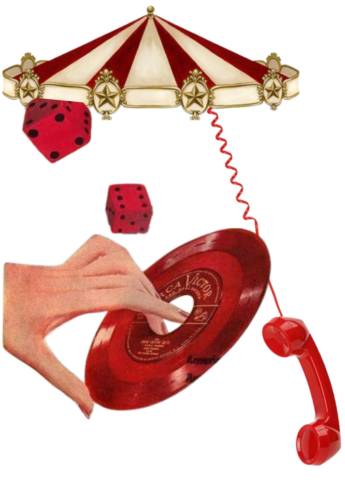 A vintage red rotary phone with a hand dialing, topped with a circus tent canopy, red dice, and a red spiral telephone cord.