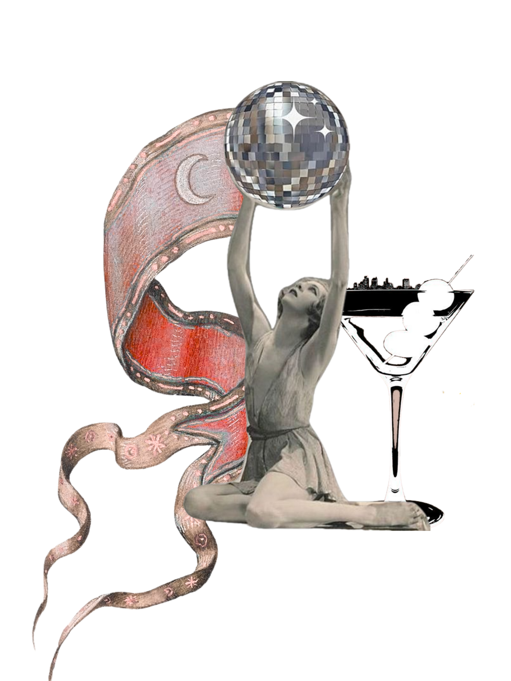 A black and white vintage photo of a young girl in a dress, sitting cross-legged, holding a disco ball above her head. An octopus wraps around her and a cocktail glass with ice cubes is on her right.