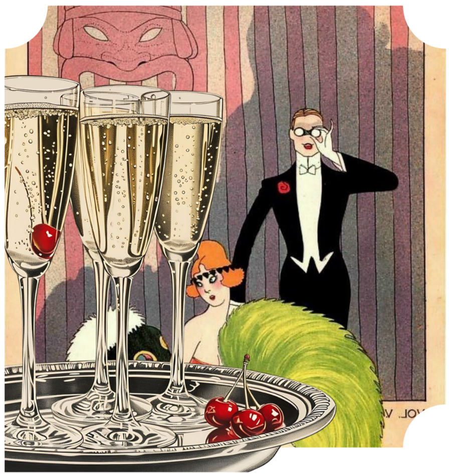 Four champagne flutes with cherries on a tray in the foreground, a woman with orange hair and glasses, a man in a tuxedo with glasses, and a woman with red hair and a black fur stole in the background, with a pink tiki mask on the wall behind them.