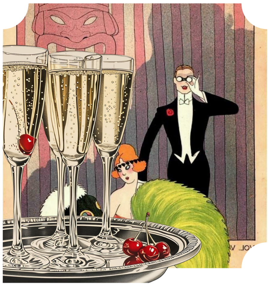 Four champagne flutes with cherries on a tray in the foreground, a woman with orange hair and glasses, a man in a tuxedo with glasses, and a woman with red hair and a black fur stole in the background, inspiration and moodboard for personal events