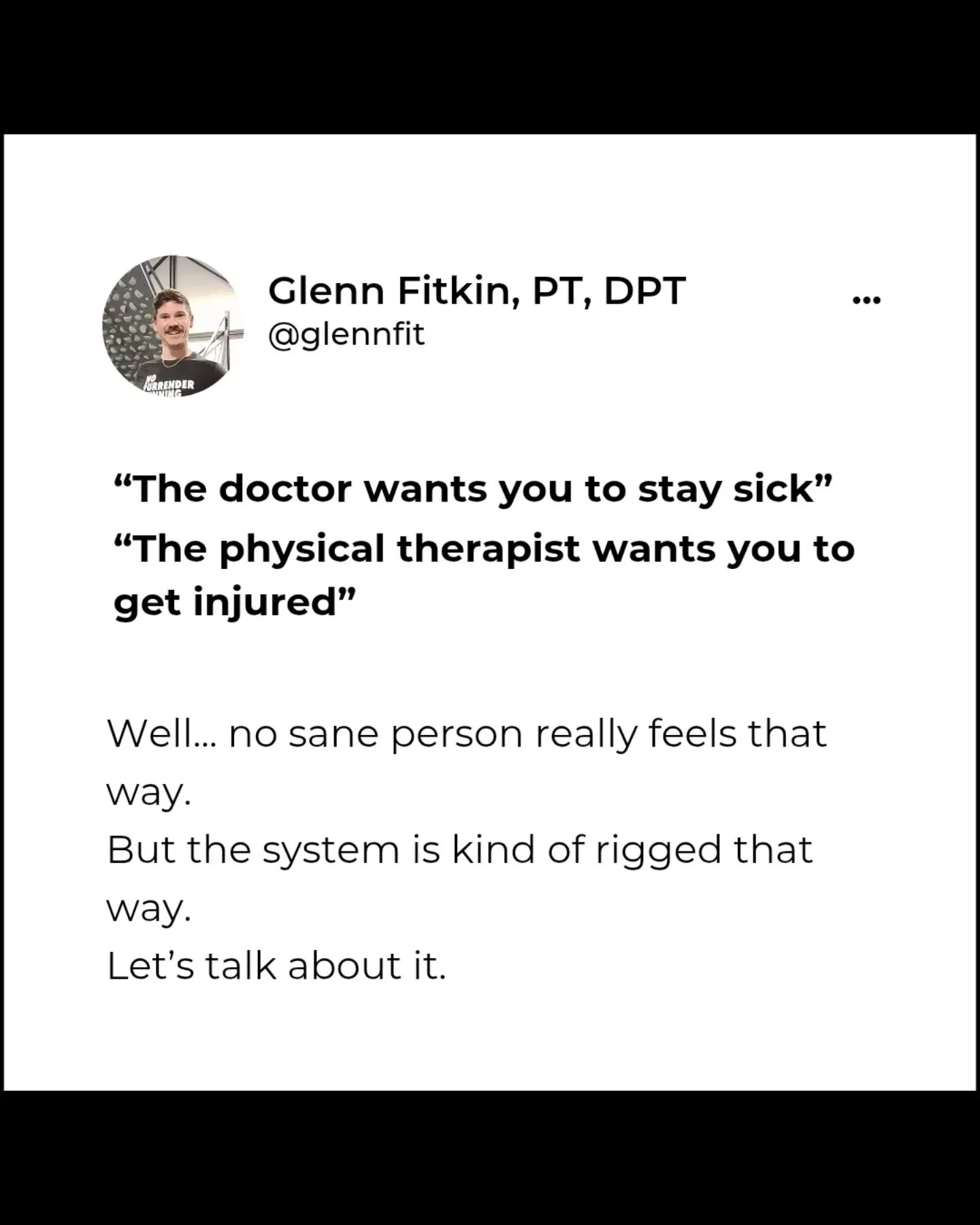 Let me be CLEAR that this is NOT a post bashing insurance-based PTs.
Y'all are fighting the good fight and I know that 98% of the jobs in this profession are completely exhausting. Take heart.

There's a lot more nuance to dive into around this topic