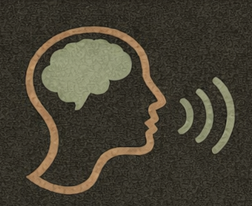 Outline of a person's head with a brain inside, facing right, with three sound waves coming from the mouth.