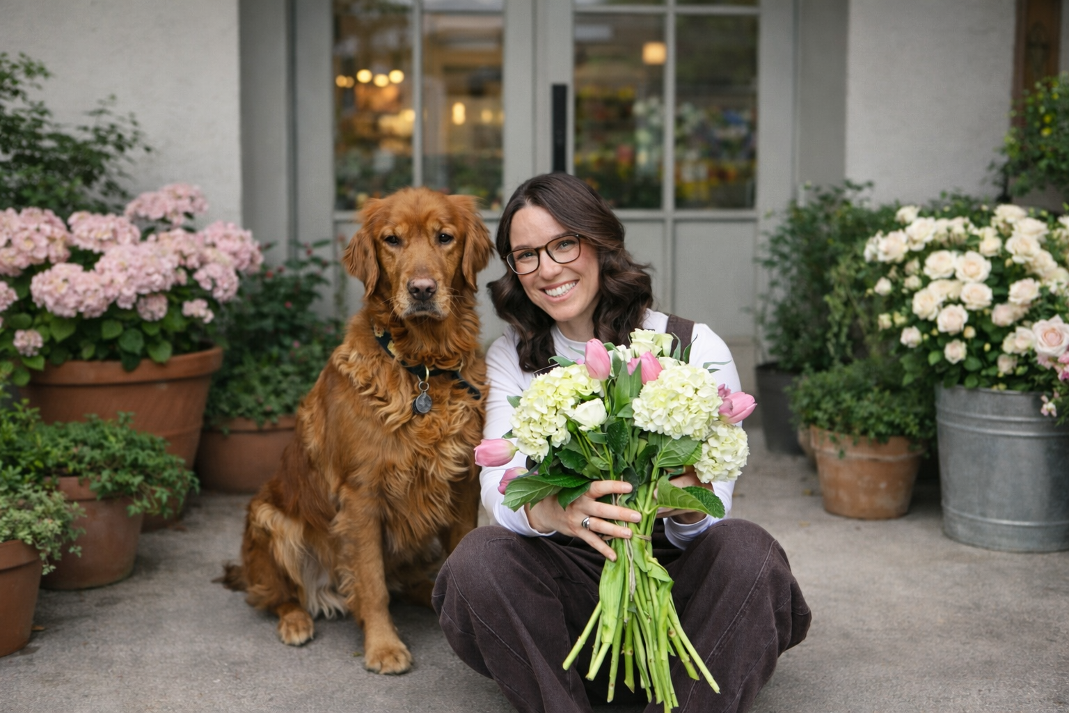 A woman with glasses and dark wavy hair smiling while holding a bouquet of pink and white flowers, sitting on the ground next to a brown dog with long fur, paw prints on a collar, outdoors in front of a building with potted plants of pink and white f