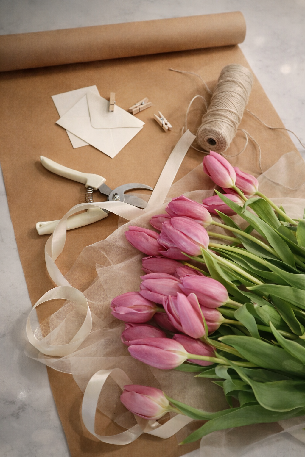 Pink tulips on brown wrapping paper with floral wrapping supplies, including scissors, ribbon, twine, an envelope, and mini clothespins.