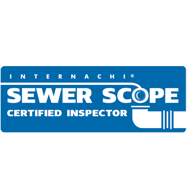 Logo for INTRNACHI SEWER SCOPE with certification as a sewer pipe inspector, featuring a pipe and a camera icon.