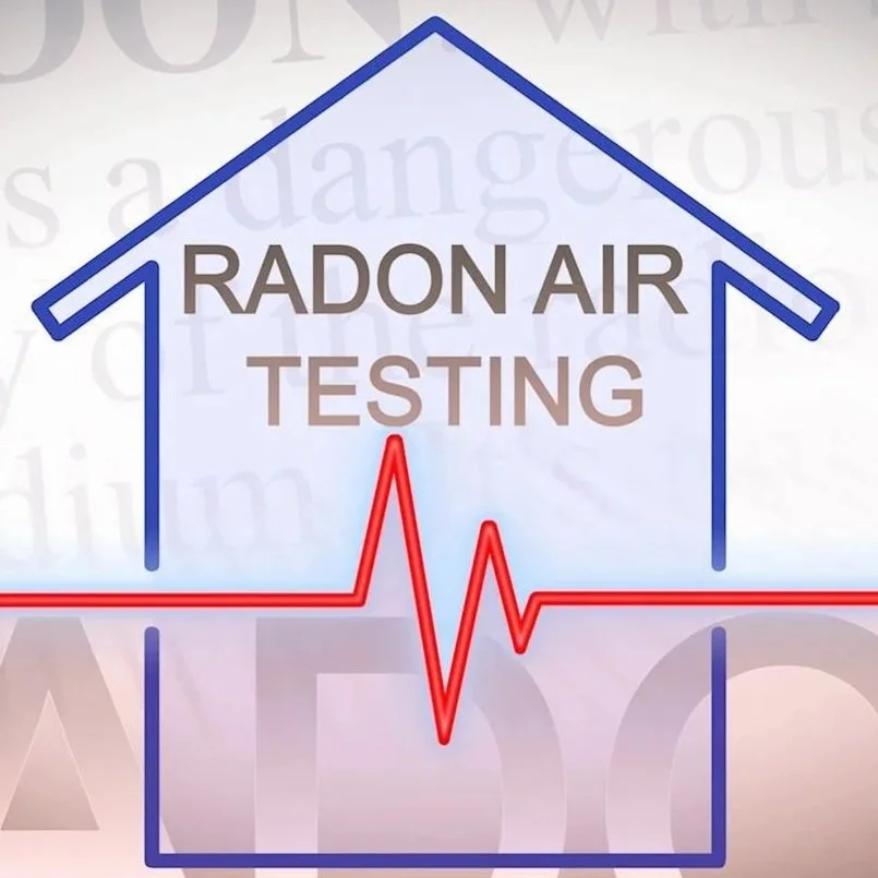 Illustration of a house outline with a red heartbeat line inside and the words "Radon Air Testing" in the center.